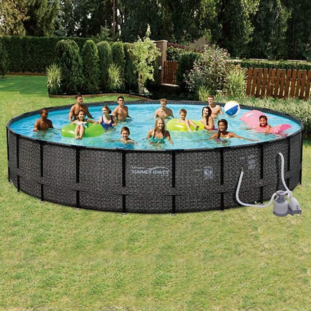 Funsicle 24 Feet by 52 Inches Oasis Designer Round Frame Above Ground Swimming Pool with SkimmerPlus Filter Pump and Cover, Dark Herringbone Pattern