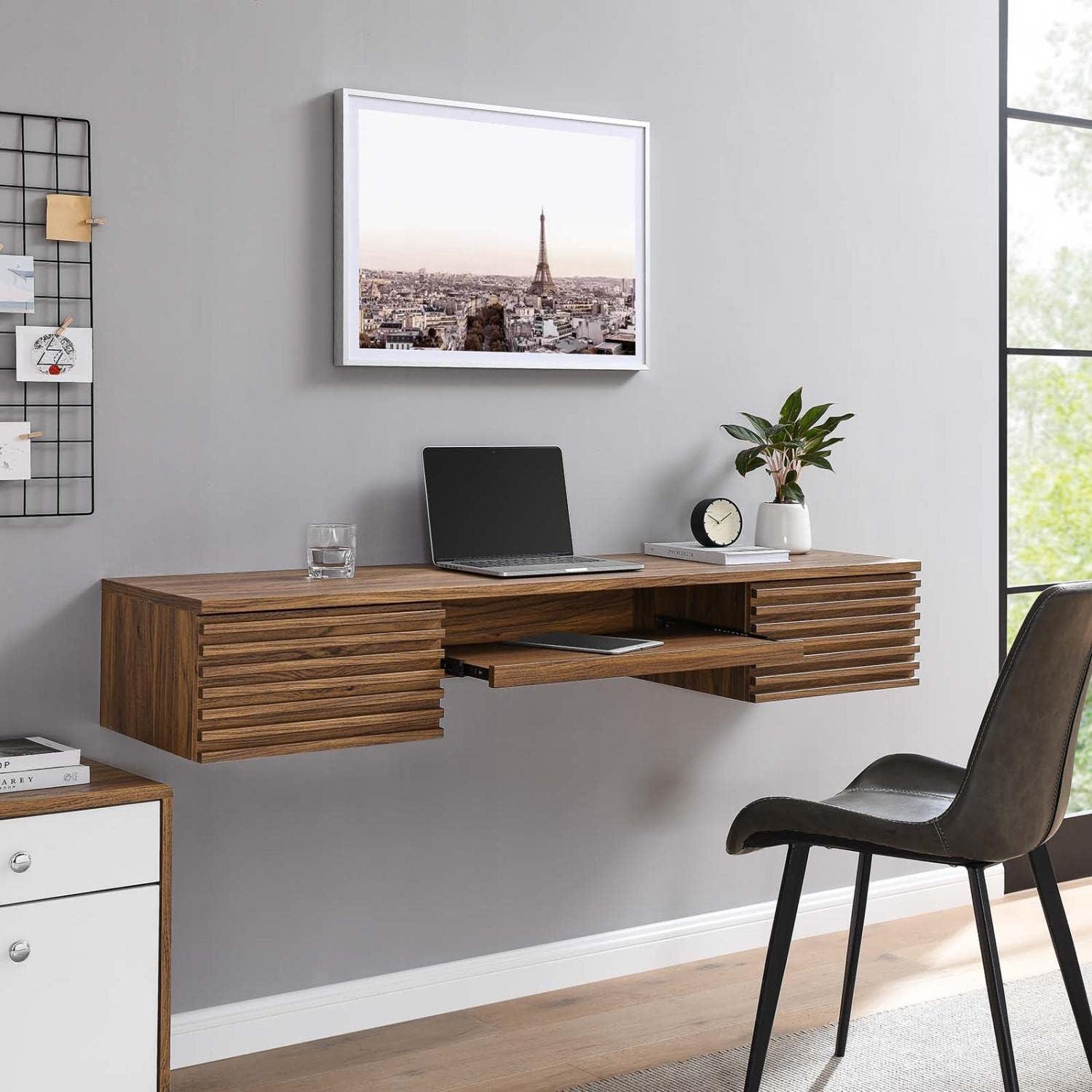 Mid-Century Modern Walnut Grain Wall-Mounted Desk with Drawers