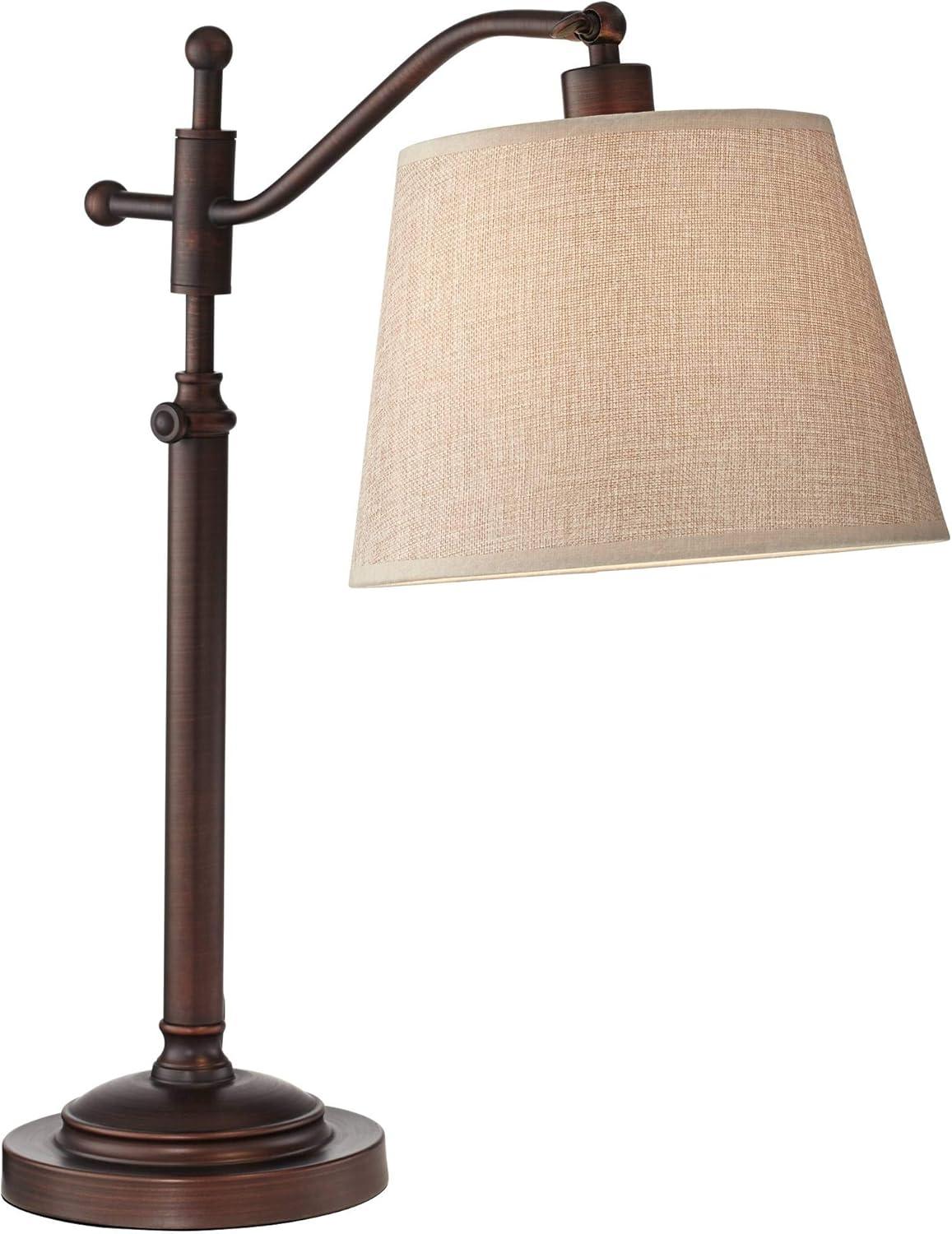 Regency Hill Downbridge Style Desk Table Lamp Adjustable Height 30.5" Tall Bronze Metal Tan Linen Look Shade for Living Room Bedroom Office