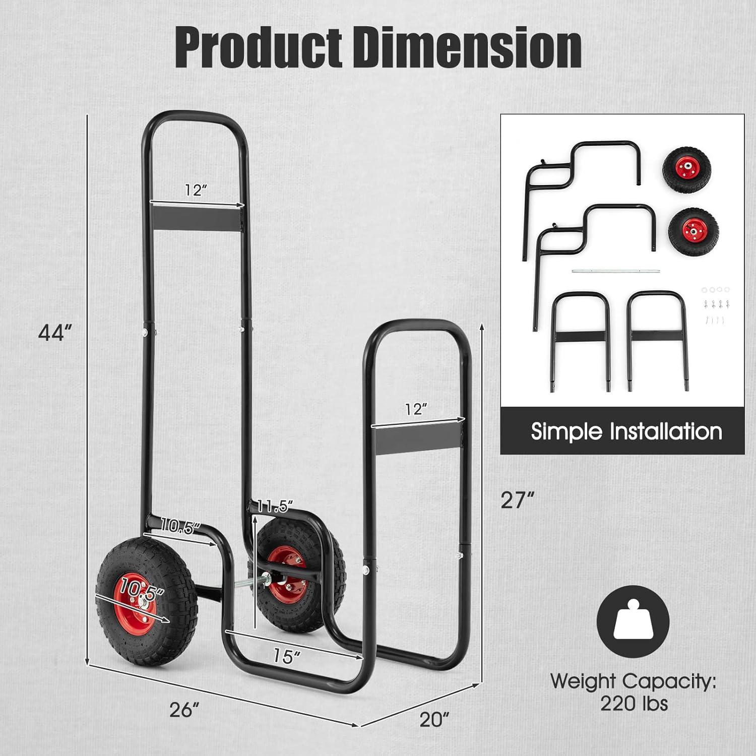 Heavy-Duty Black Steel Firewood Log Cart Carrier with Red Wheels