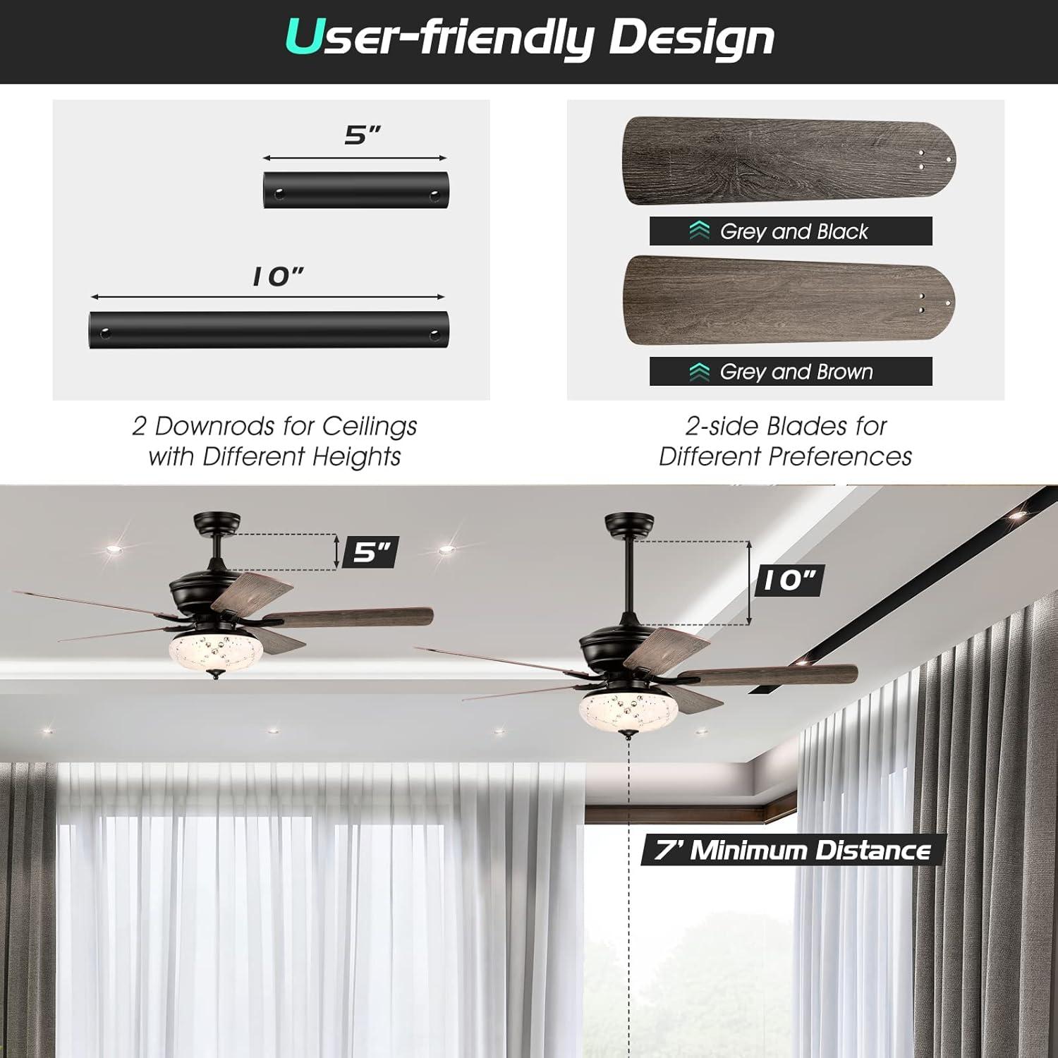 Tangkula 52" Retro Ceiling Fan w/ Remote Control 3 Wind Speeds & 5 Reversible Blades Grey