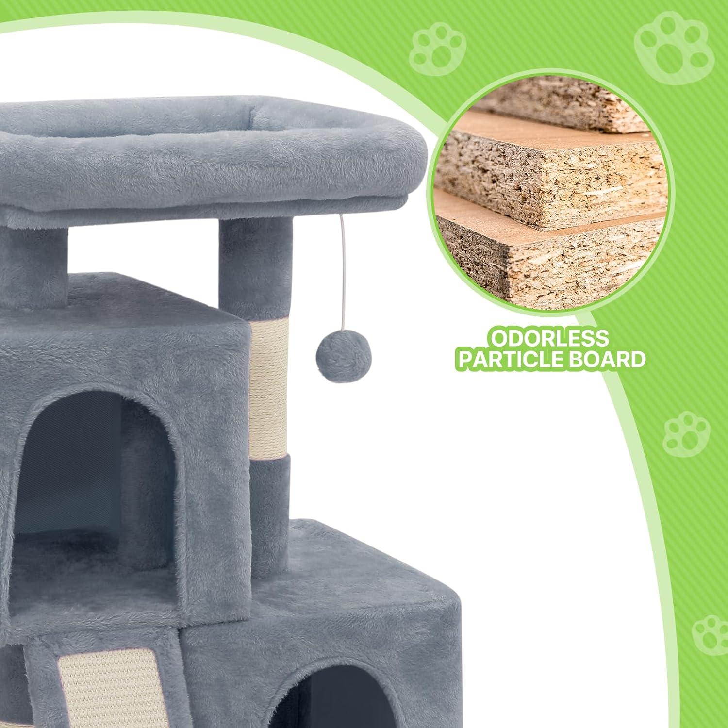 Magshion 34-in Cat Tree & Kittens Play House, Double Level Plush Cat Condo for Indoor Cats, Light Gray