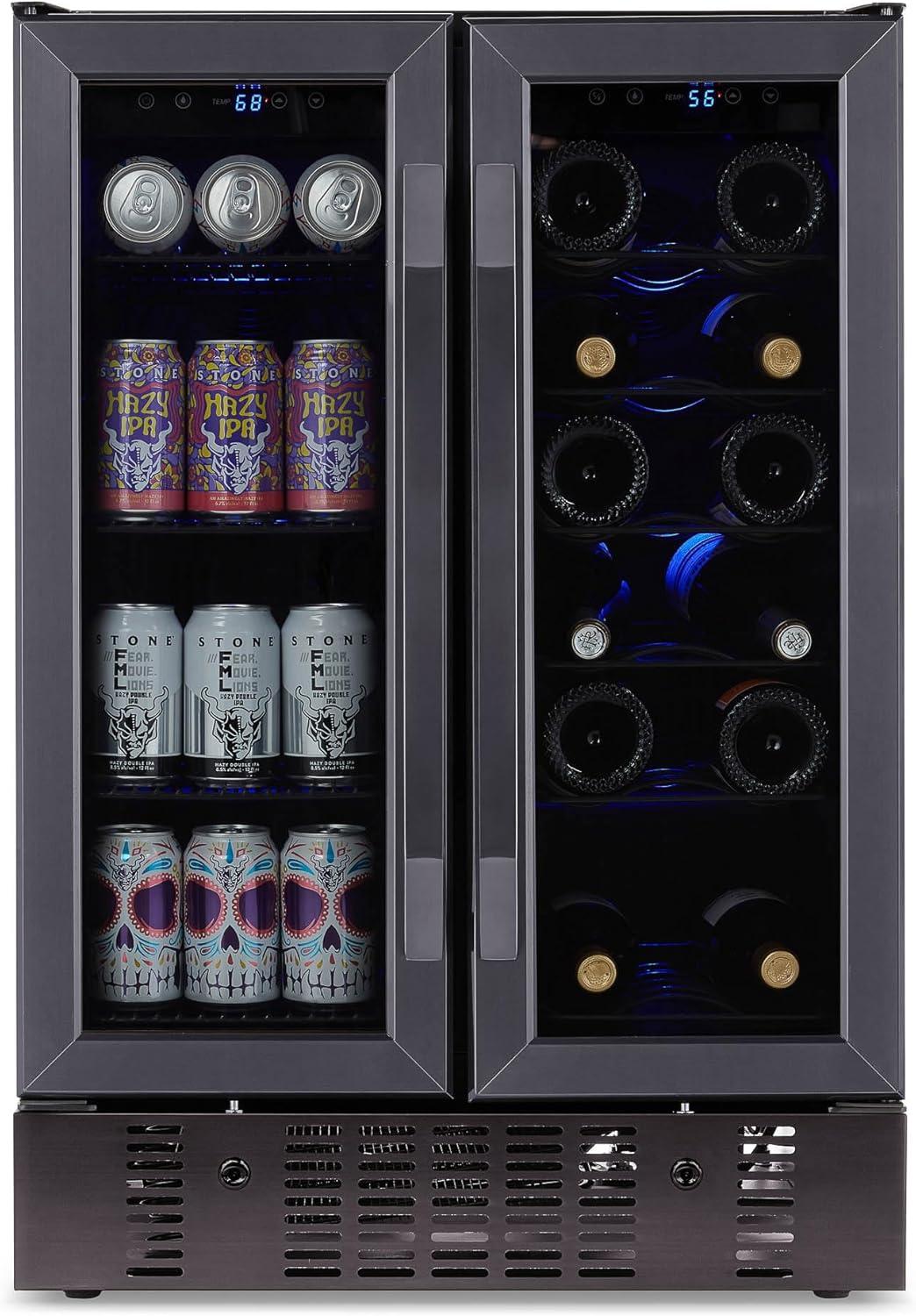 Newair 24" Wine and Beverage Refrigerator and Cooler, 18 Bottle and 60 Can Capacity, Built-in Dual Zone Fridge in Black Stainless Steel