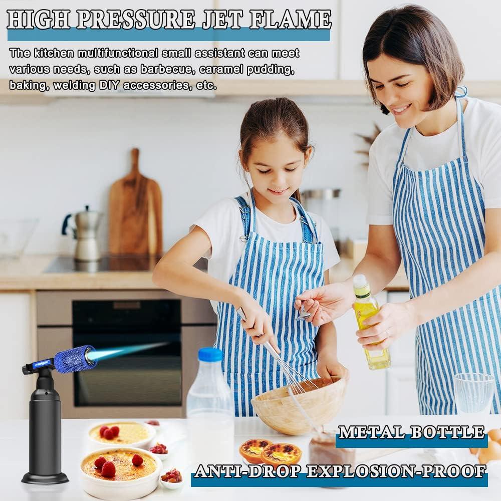 Butane Torch with Anti-scalding Device,Stainless Steel Protective Cover,Refillable Kitchen Torch Lighter,Adjustable Flame Guard. (Butane Gas Not Included,Blue)