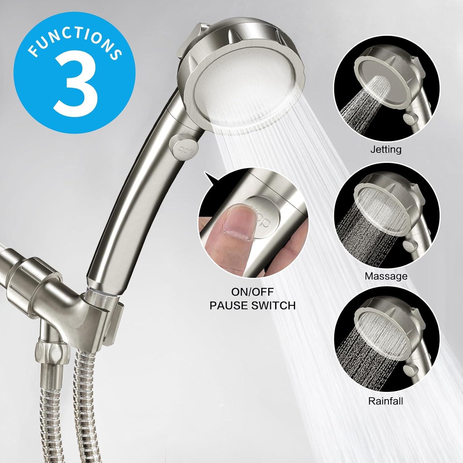 KAIYING Drill-Free High Pressure Handheld Shower Head with ONOFF Pause Switch 3 Spray Modes Water Saving Showerhead Detachable Puppy Shower Accessories (MShower Head (Chrome)+Bracket + Hose)