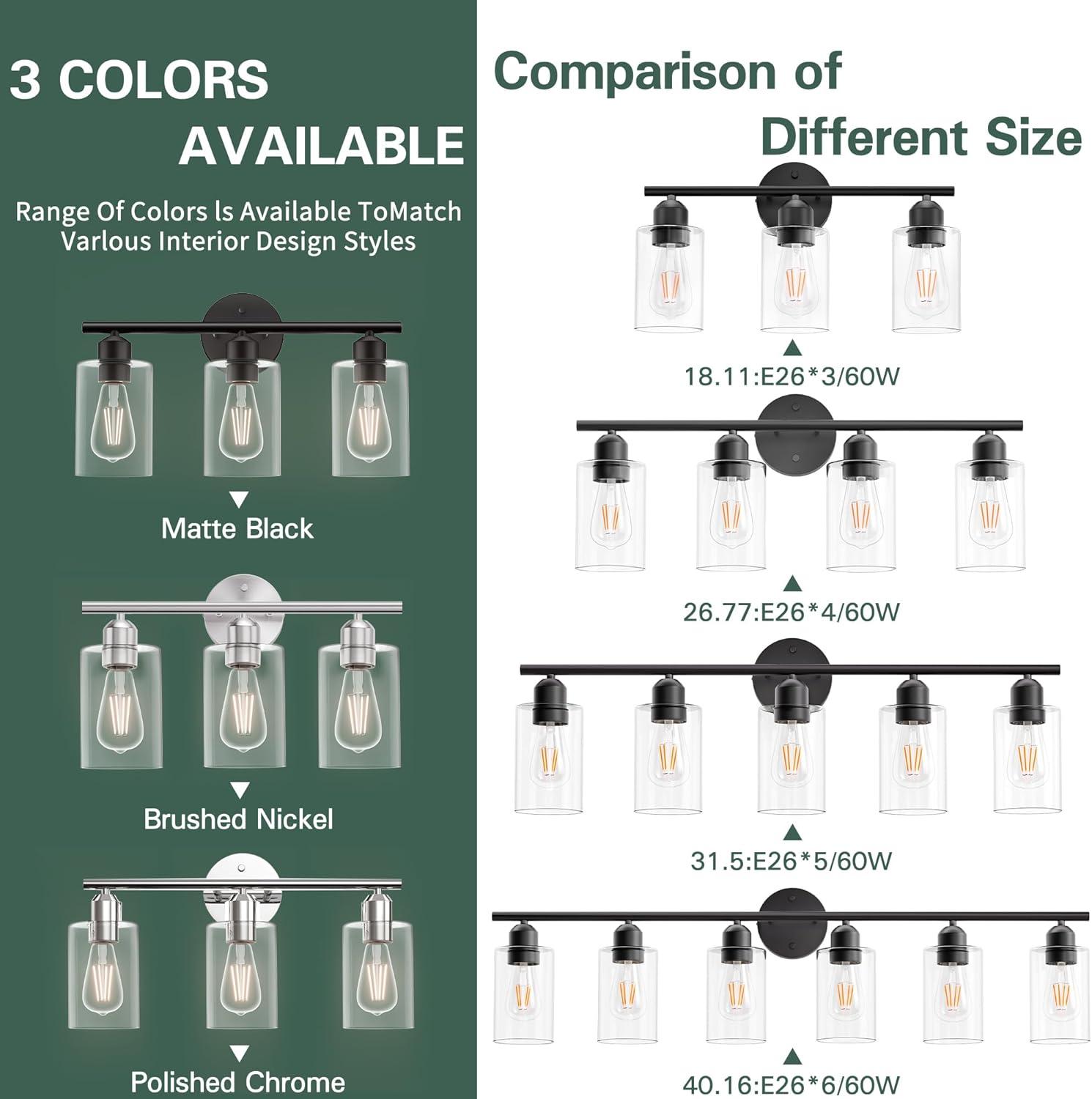 Vanity Wall Light Fixtures, Modern 3 Lights Wall Sconce with Clear Glass Shade, Brushed Nickel Farmhouse Wall Lamp for Bathroom Mirror Kitchen Porch Living Room Workshop (E26 Base)