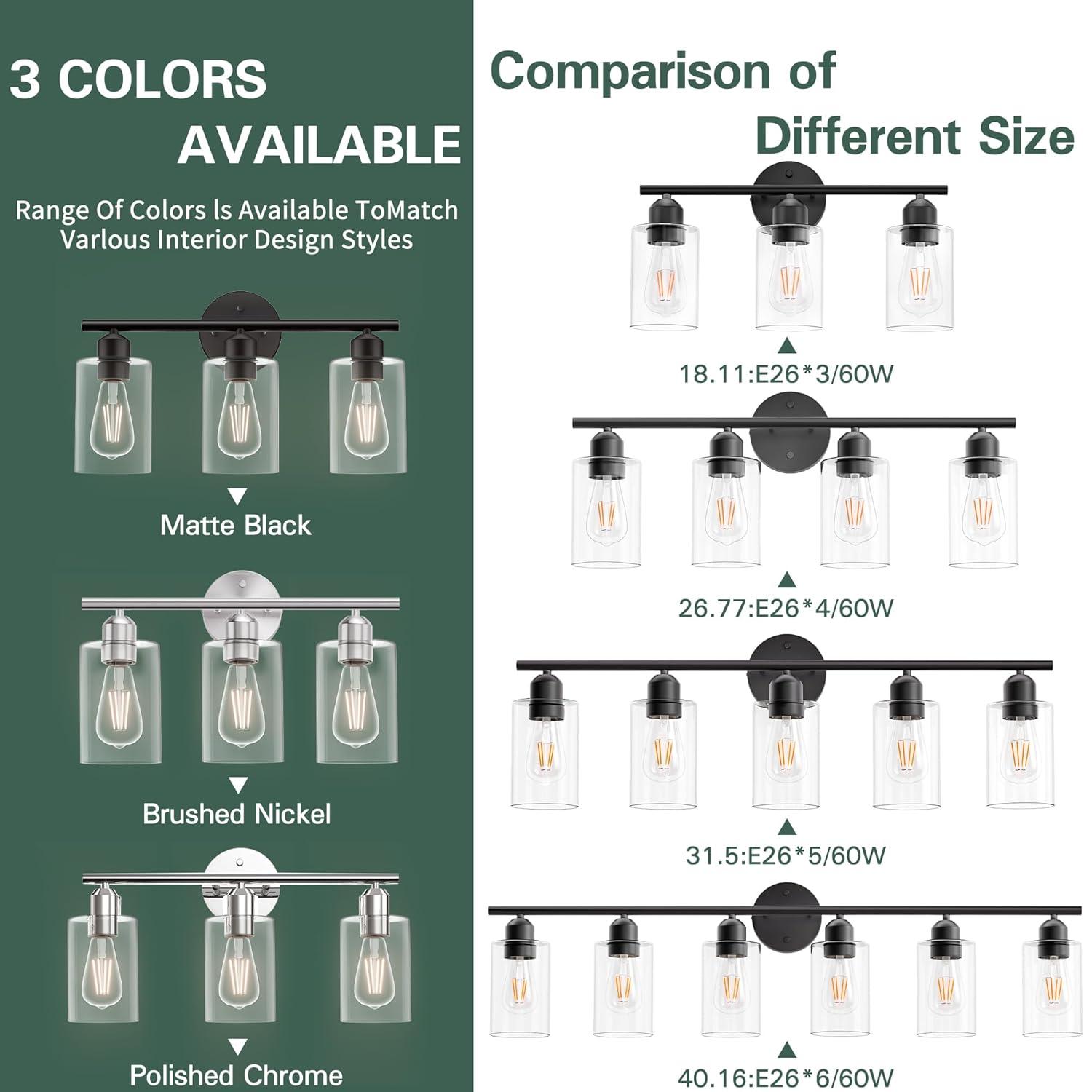 Vanity Wall Light Fixtures, Modern 3 Lights Wall Sconce with Clear Glass Shade, Brushed Nickel Farmhouse Wall Lamp for Bathroom Mirror Kitchen Porch Living Room Workshop (E26 Base)