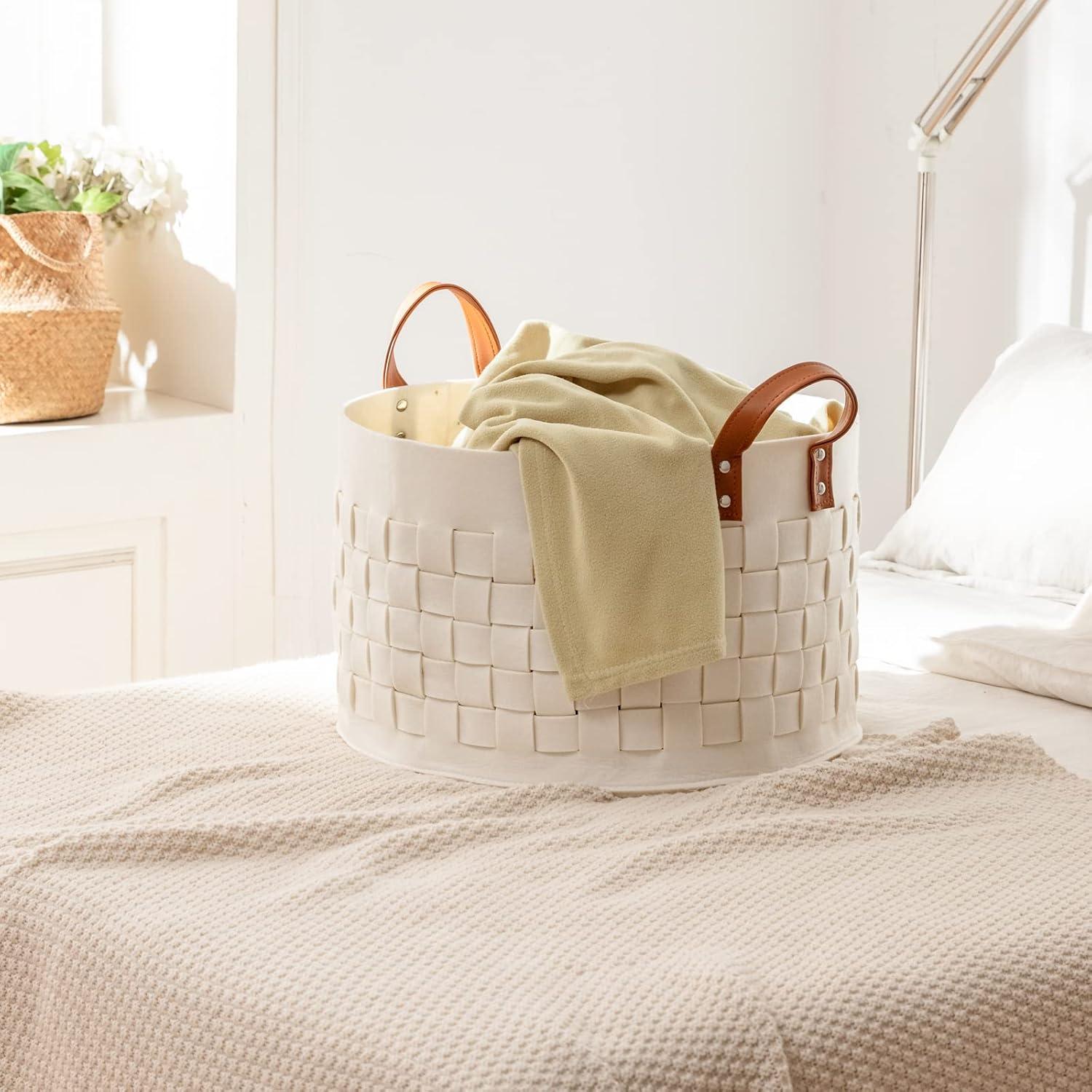 Laundry Basket 20" x20 x11.8, Large Round Blanket Basket with Leather Handle, Felt Storage Basket for Living Room, Nursery, Dog Toys-Dark Gray