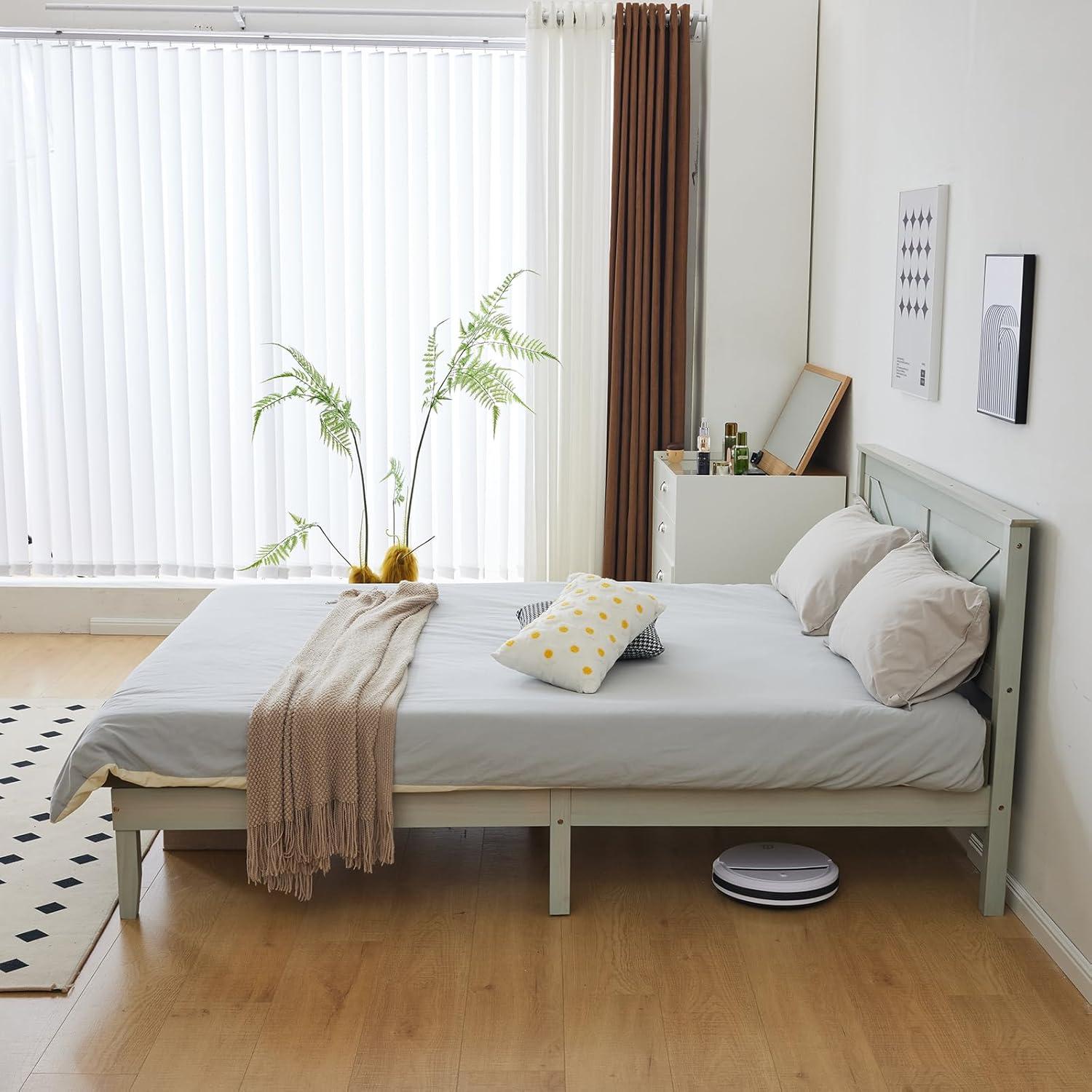 Gray Wood Bed Frame Queen Size Platform Bed with Headboard