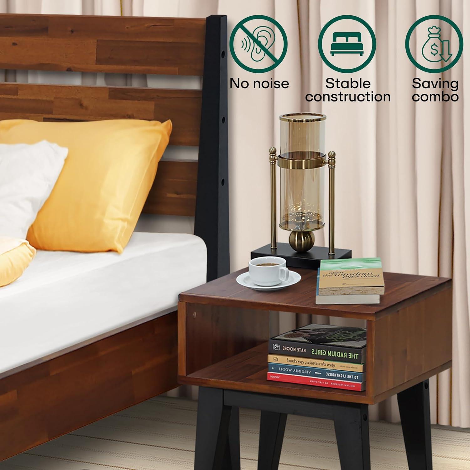 Acacia Emery 2-Pcs Bedroom Set – Solid Wood Platform Bed Frame & Matching Nightstand, Mid-Century Modern Farmhouse, 800 lbs Capacity, No Box Spring Needed