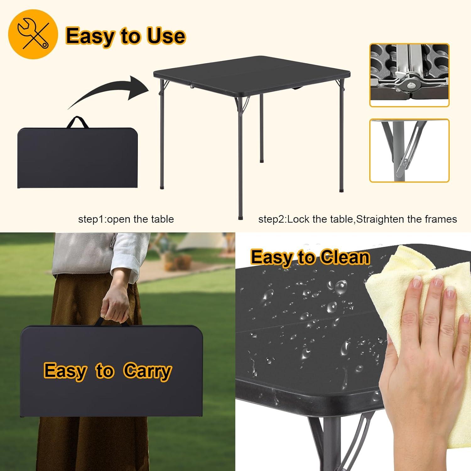 Amazon Basics 34 inch Portable Folding Dining Table with Carrying Handle, Black, 33.9 x 29.1 x 33.9 inch, Square