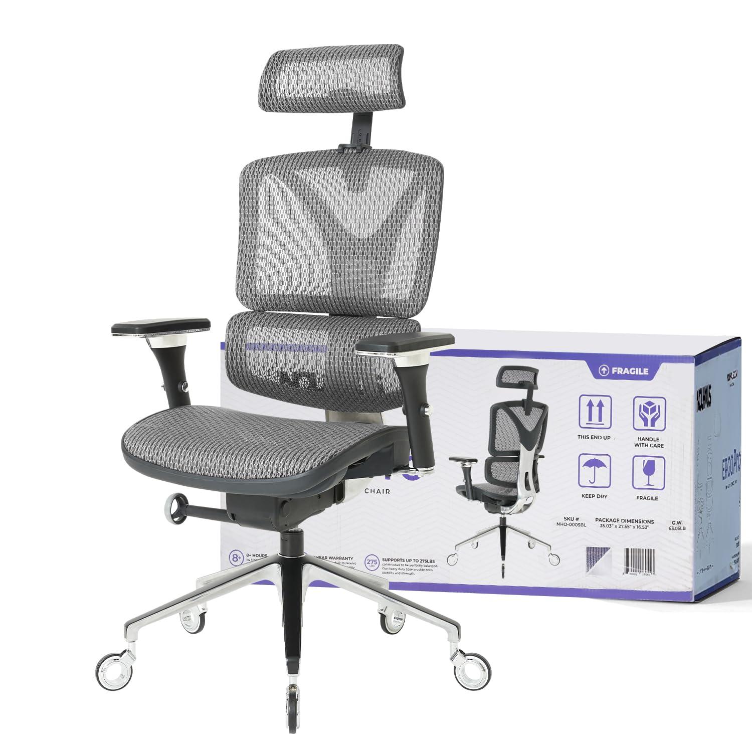 Nouhaus Inc Nouhaus Ergonomic Office Chair Lumbar Support Aluminum Alloy Backrest, Big and Tall Mesh Computer Desk Chair with Adjustable Headrest, 4D Armrest and Premium Wheels