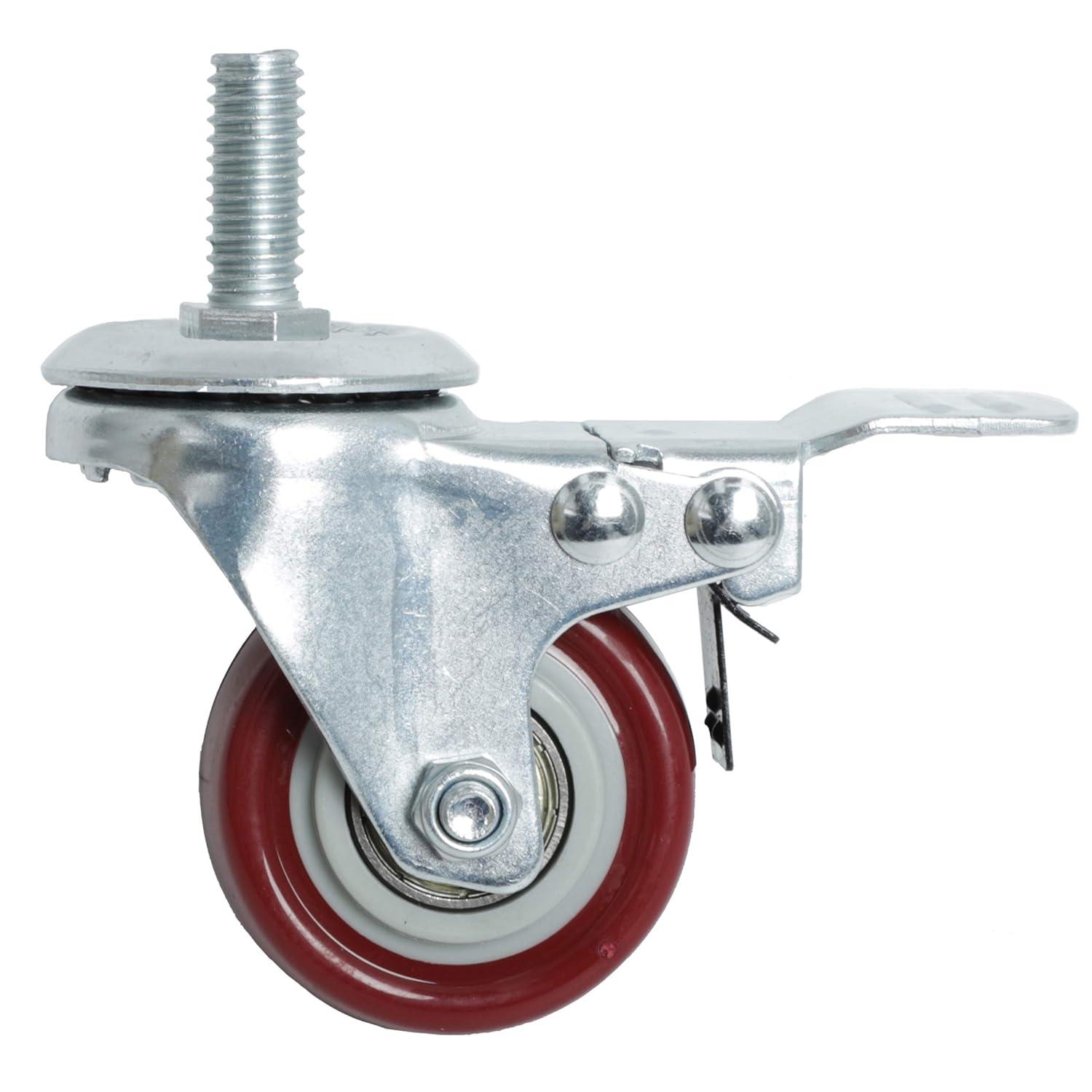 Caster Wheels Set of 4 with Brake Plate Swivel Casters Premium Polyurethane Wheels PU Load Bearing 1,200 Lbs Lockable Anti-wear Smooth Casters Red