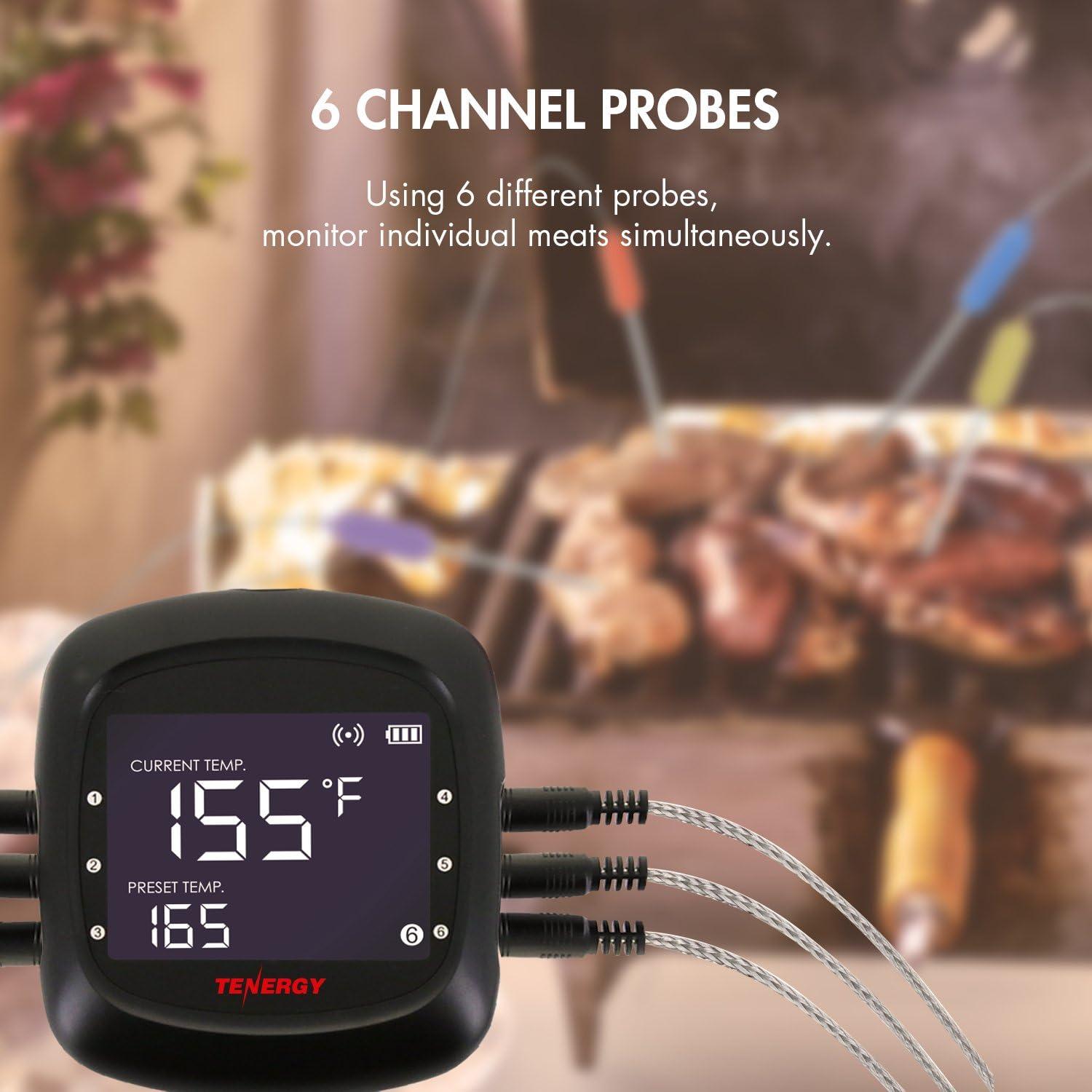 Tenergy Solis Digital Meat Thermometer, APP Controlled Wireless Bluetooth Smart BBQ Thermometer w/ 6 Stainless Steel Probes, Large LCD Display, Carrying Case, Cooking Thermometer for Grill & Smoker