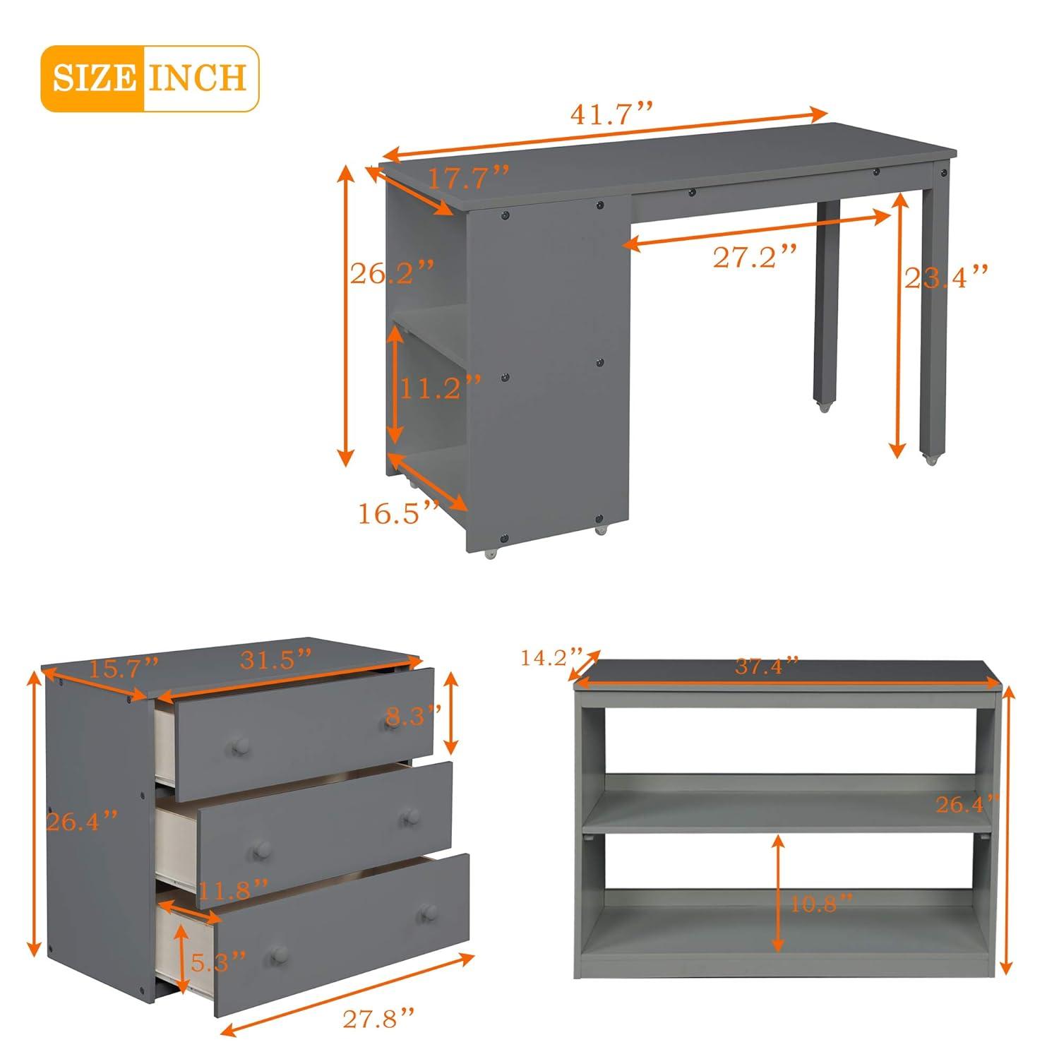 Harper & Bright Designs Twin Loft Bed with Cabinet and Rolling Portable Desk, Wooden Low Study Loft Bed with Drawers, Gray