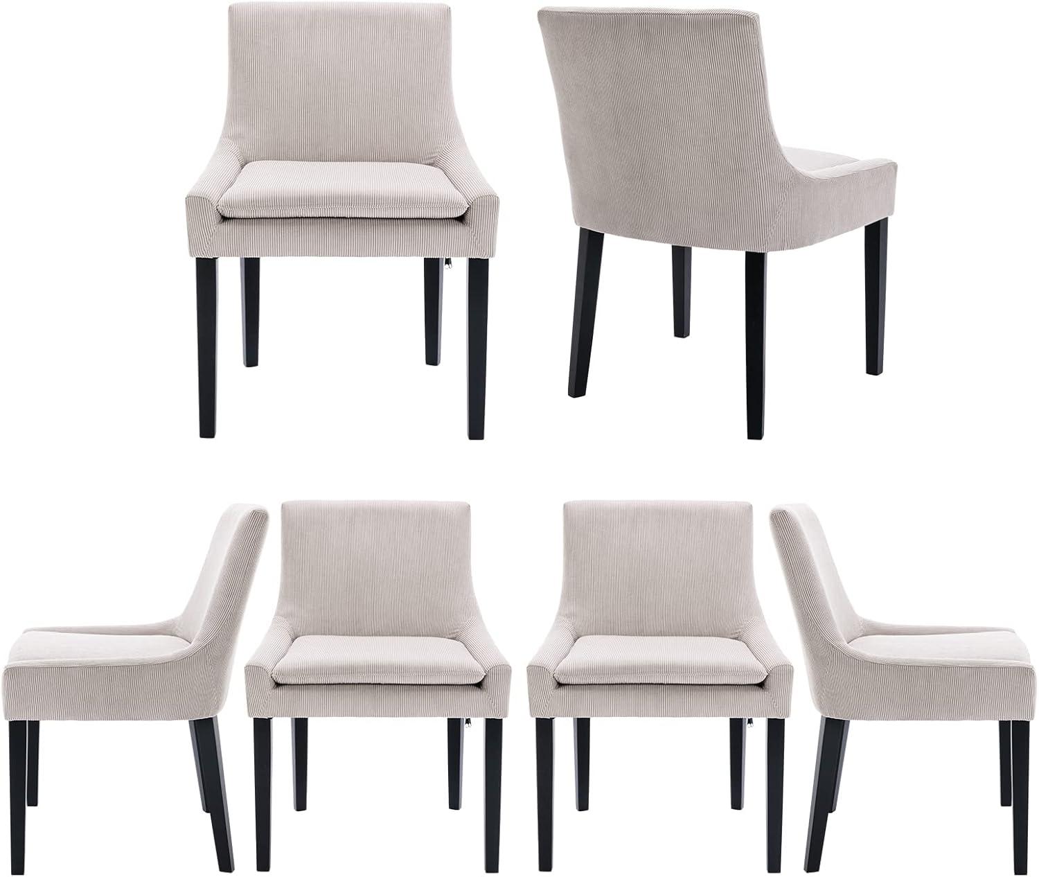 Beige Corduroy Upholstered Dining Chairs with Wood Legs, Set of 6