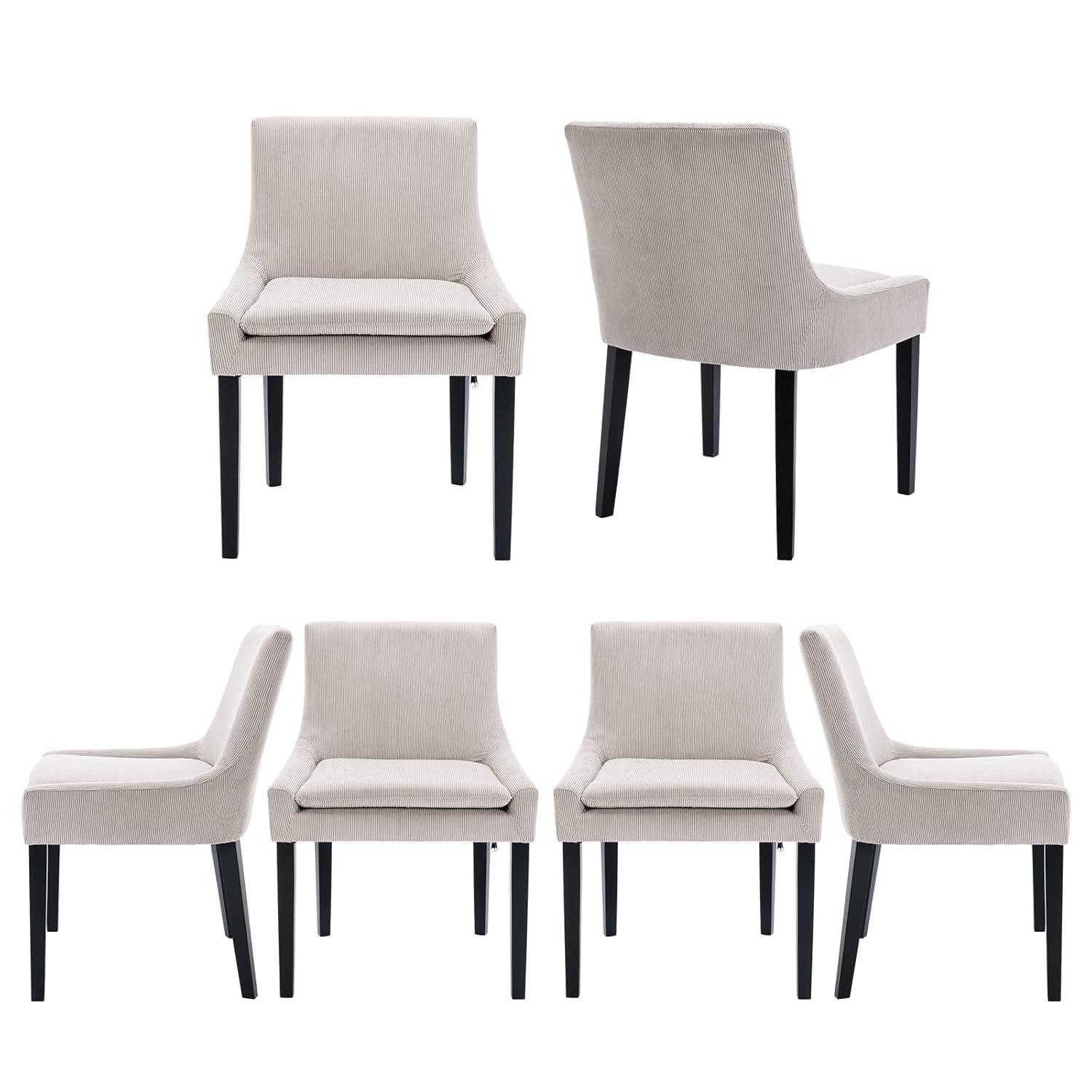 Beige Corduroy Upholstered Dining Chairs with Wood Legs, Set of 6