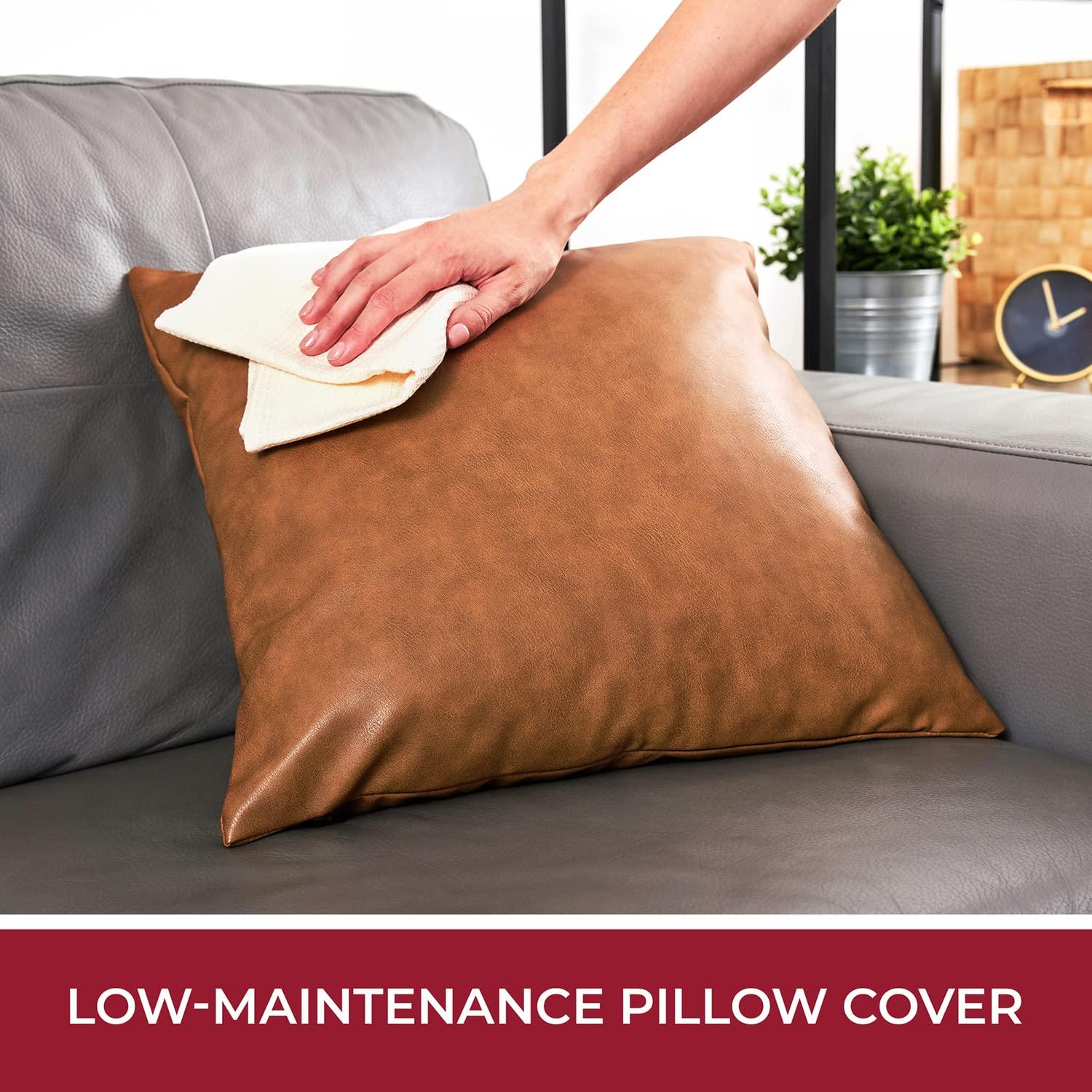 Mellanni 100% Faux Leather Throw Pillow Covers, Pillowcases with Invisible Zippered Closure, 18x18, Brown, 2 Count