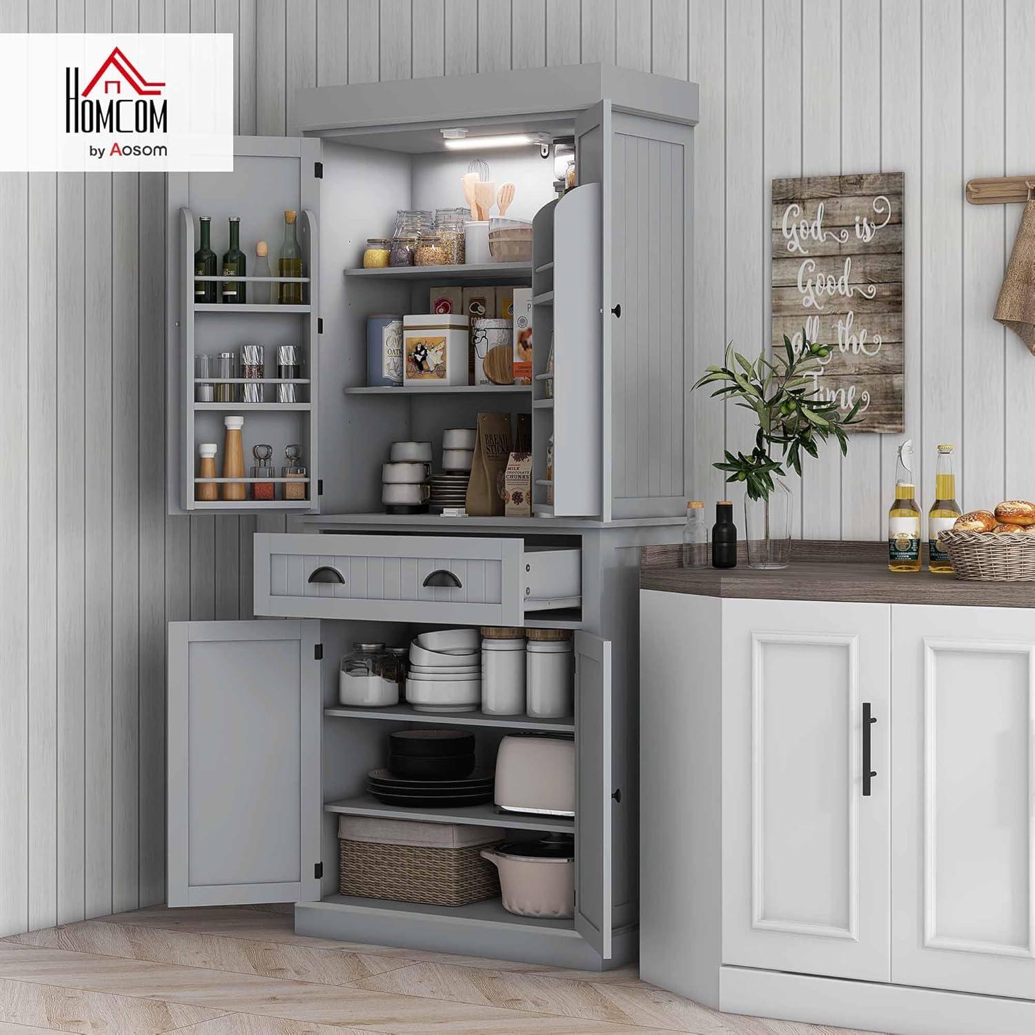 HOMCOM 71" LED Kitchen Pantry Cabinet, Tall Storage Cabinet with 6 Door Shelves, a Drawer and 4 Adjustable Shelves, Gray