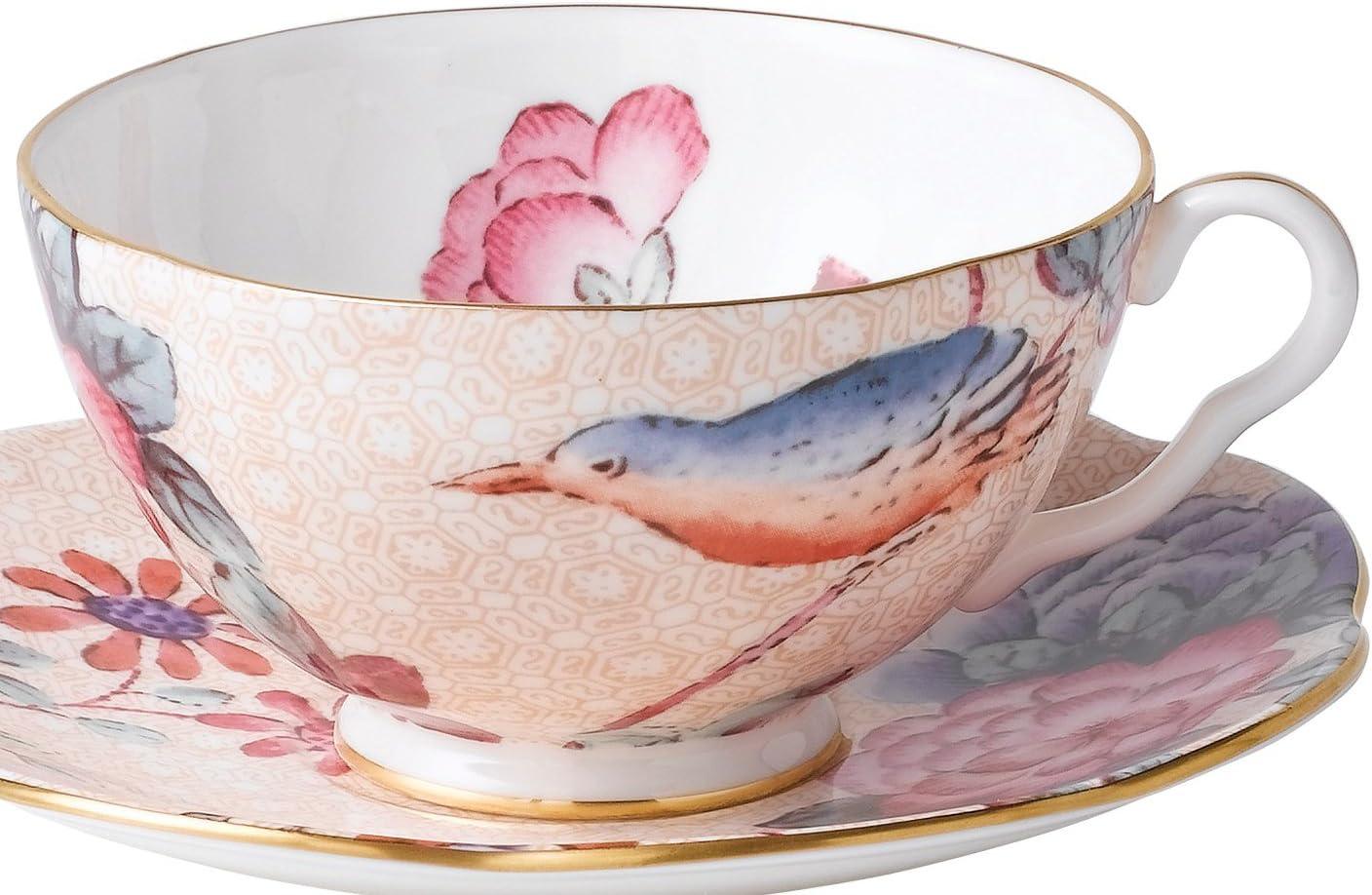 Peach Floral Fine Bone China Teacup and Saucer Set