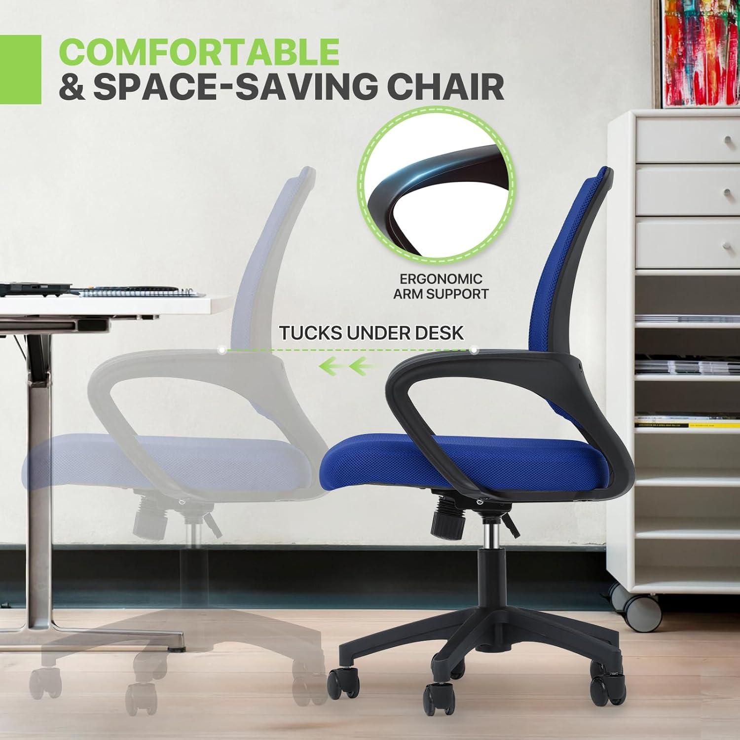 Magshion Set of 2 Office Chairs Mid Back Swivel Desk Chairs, Height Adjustable Ergonomic Mesh Computer Chairs with Armrest & Lumbar Support, Navy Blue