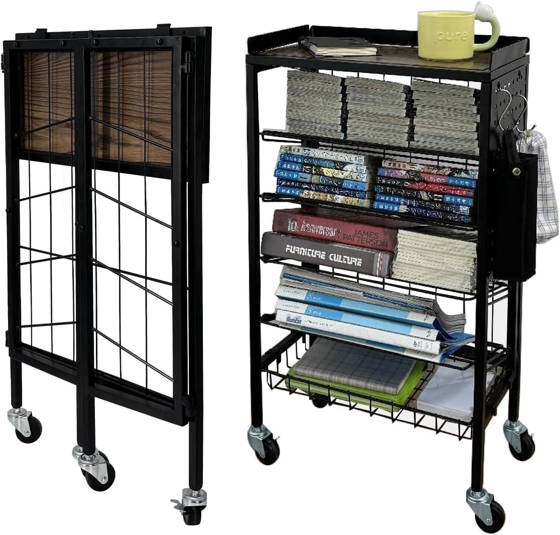Lumizone Foldable Book Cart 6-Tier Large Capacity Bookshelf Single Sided V-Shaped Sloped Shelves With brake Wheels With PegBoard Slim Rolling Utility Cart Storage Rack, Home Shelves and Office(Black)