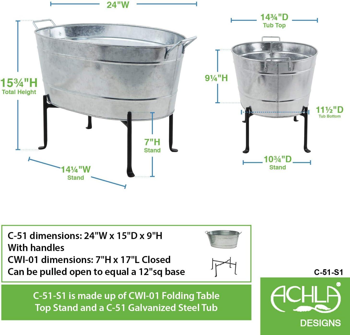 24" Classic Oval Galvanized Tub With Folding Stand Steel - ACHLA Designs: Wrought Iron Beverage & Plant Stand