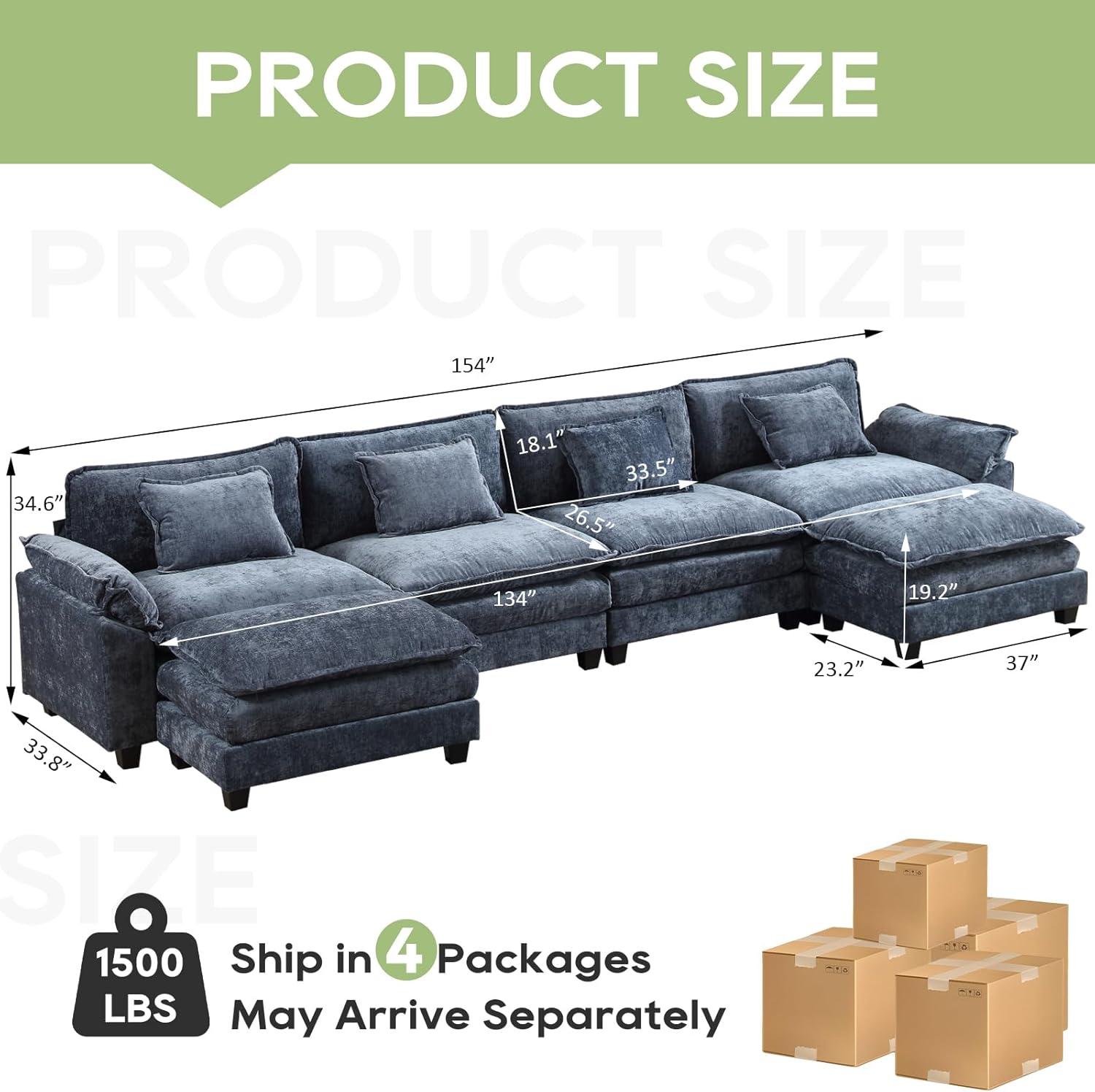 Carbaugh 154" Oversized U Shaped Sectional Sofa, Comfy Cloud Couch Deep Sectional Sofa with Ottomans for Living Room