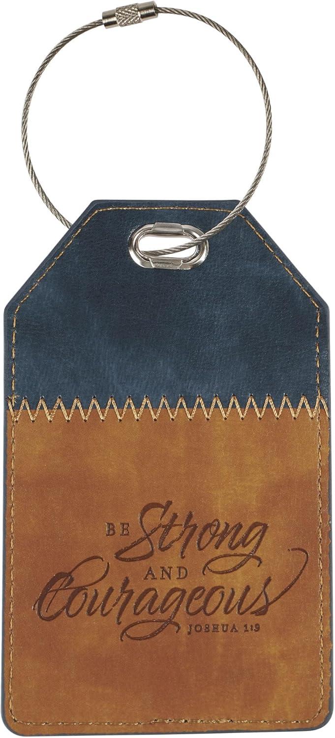Christian Art Gifts Inspirational Vegan Leather Scripture Luggage Tag for Men & Women: Strong & Courageous - Baggage Accessory for Carry-On, Checked Bags, Backpacks, 4.8 X 3.1, Black/Brown (Other)