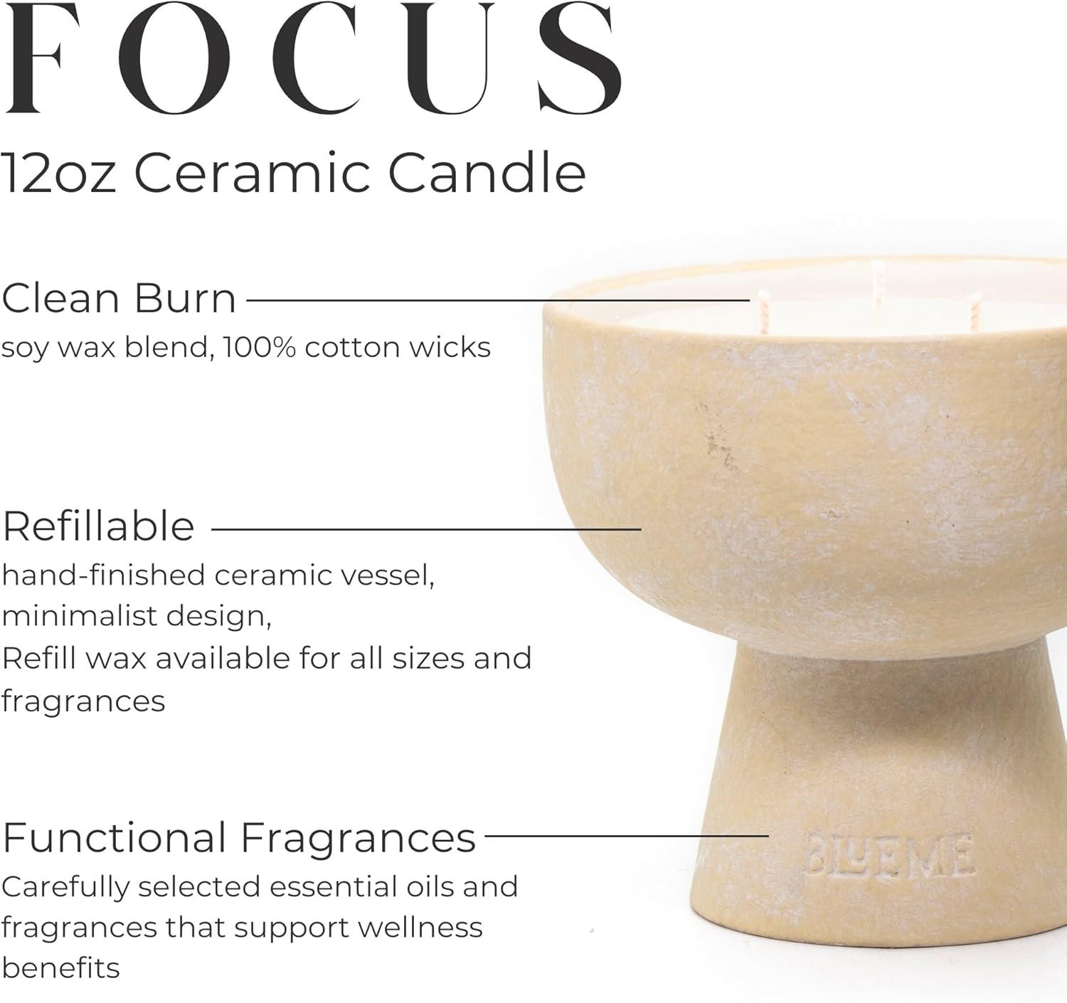 BLUEME Focus-Eucalyptus & Lime, 3 Wick, Refillable Wellness Candle, Contains Essential Oil, Sustainable, Hand Finished, Hand Poured, Premium, Luxury Ceramic, Natural Cotton Wick, Soy-Wax Blend
