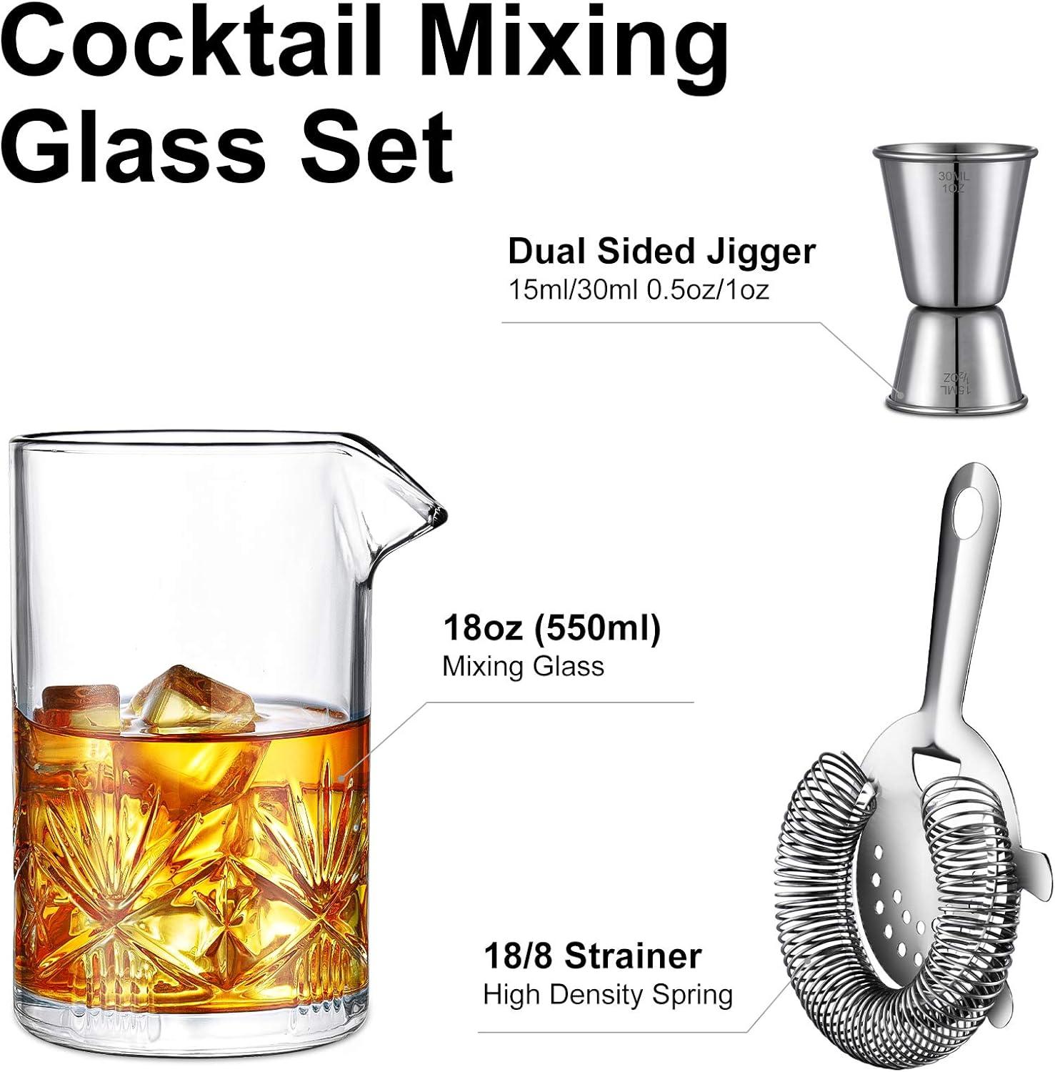 Cocktail Mixing Glass, veecom 18oz Crystal Bartender Kit, 3 Piece Old Fashioned Cocktail Set with Strainer, Jigger, Bar Tools Cocktail Shaker Set, Cocktail Mixer Stirring Glass