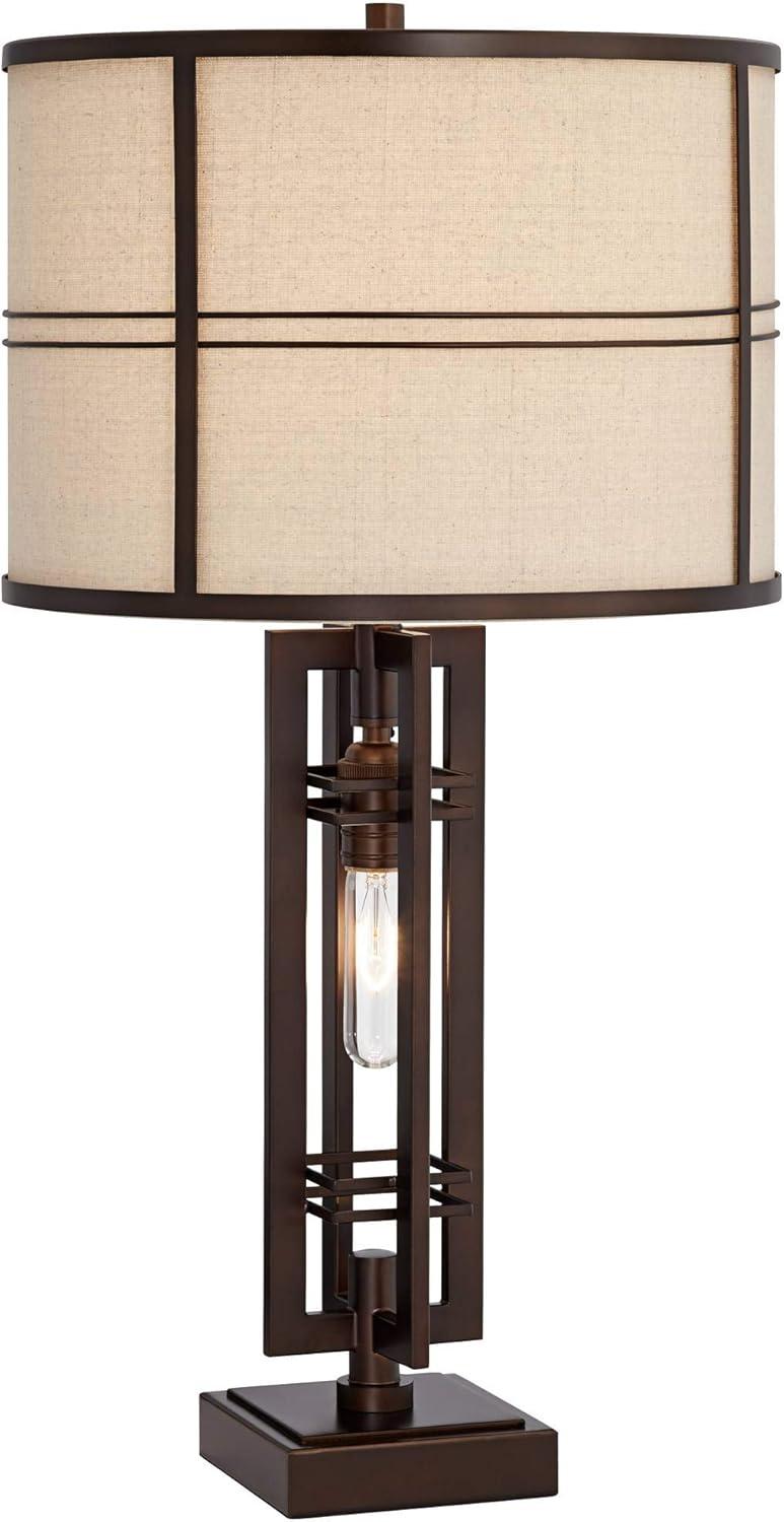 Franklin Iron Works Elias Modern Industrial Table Lamp 28" Tall Oiled Bronze with Nightlight Off White Oatmeal Drum Shade for Bedroom Living Room Kids