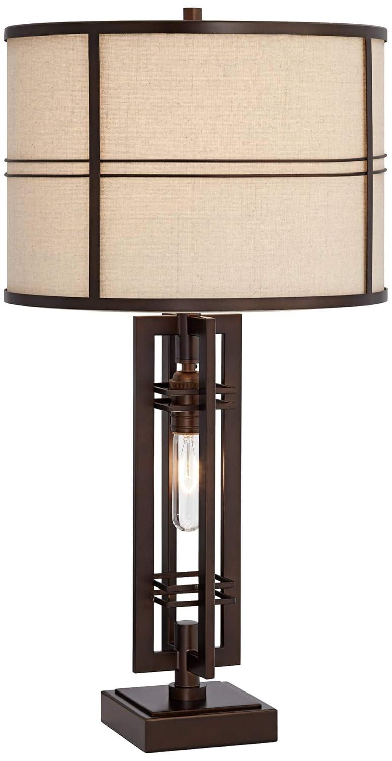 Franklin Iron Works Elias Modern Industrial Table Lamp 28" Tall Oiled Bronze with Nightlight Off White Oatmeal Drum Shade for Bedroom Living Room Kids