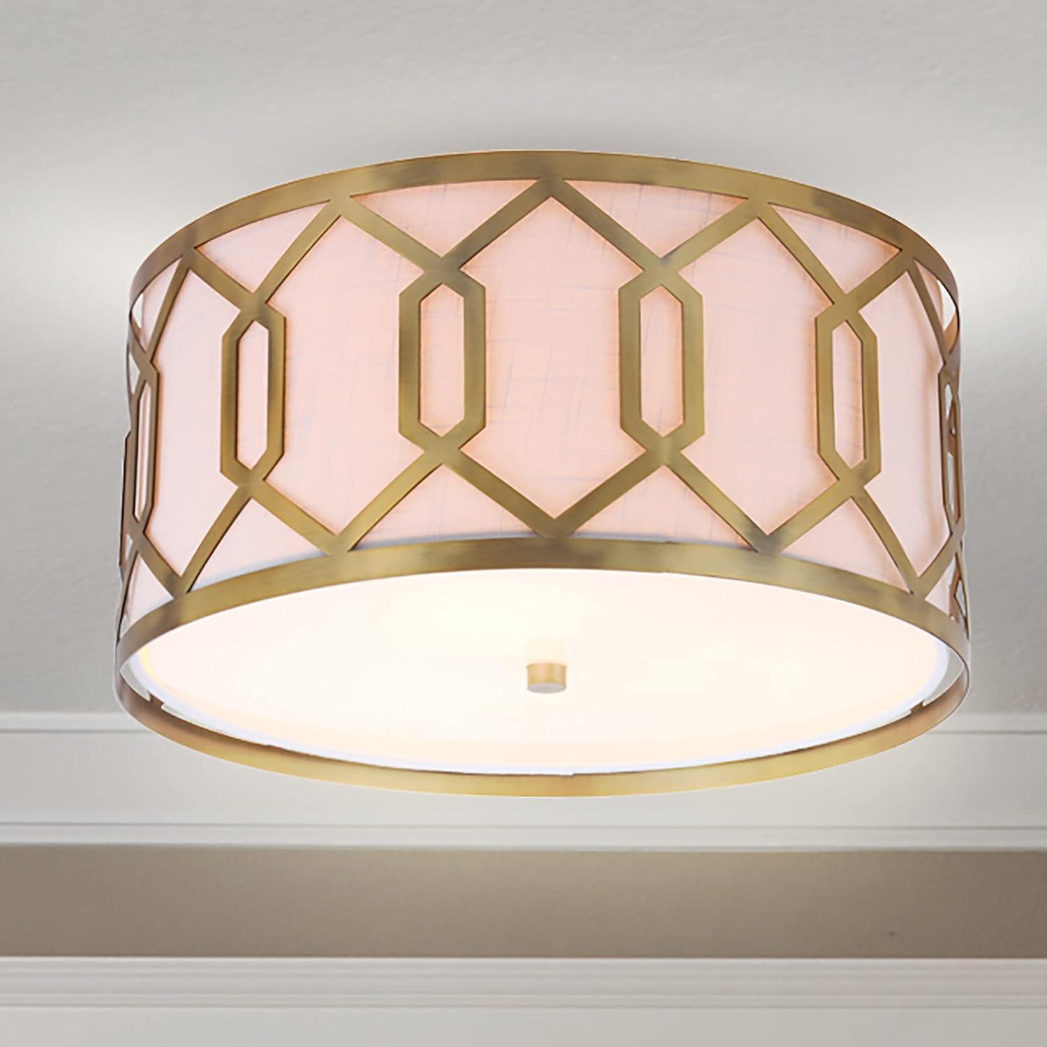 Satin Brass Hex 3-Light 16.25" Metal LED Flush Mount with Linen Shade