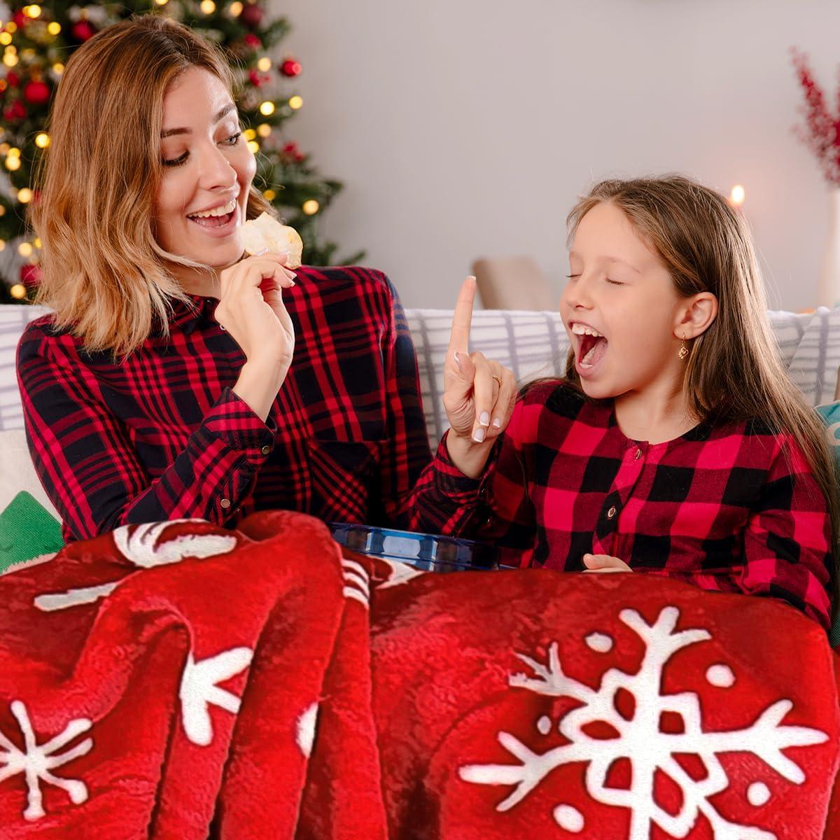 PAVILIA Holiday Festival Christmas Throw Blanket for Couch Bed Sofa, 50x60 (Snowflake Red)