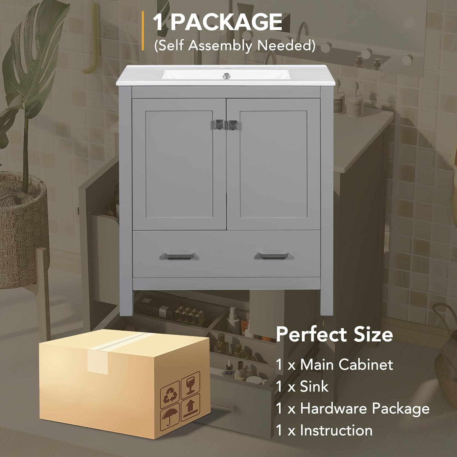 Gray Solid Wood Freestanding Bathroom Vanity with Ceramic Sink