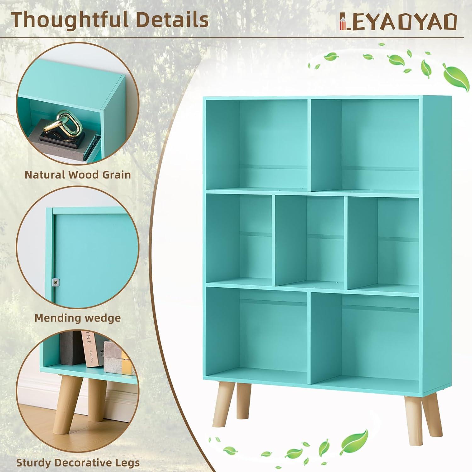 Satiny 7 Cube Bookshelf 3-Tier Bookcase with Legs, Mint-Green Kids Book Shelf Cute Storage Organizer, Toy Shelves Bookshelves,Wood Display Bookcases
