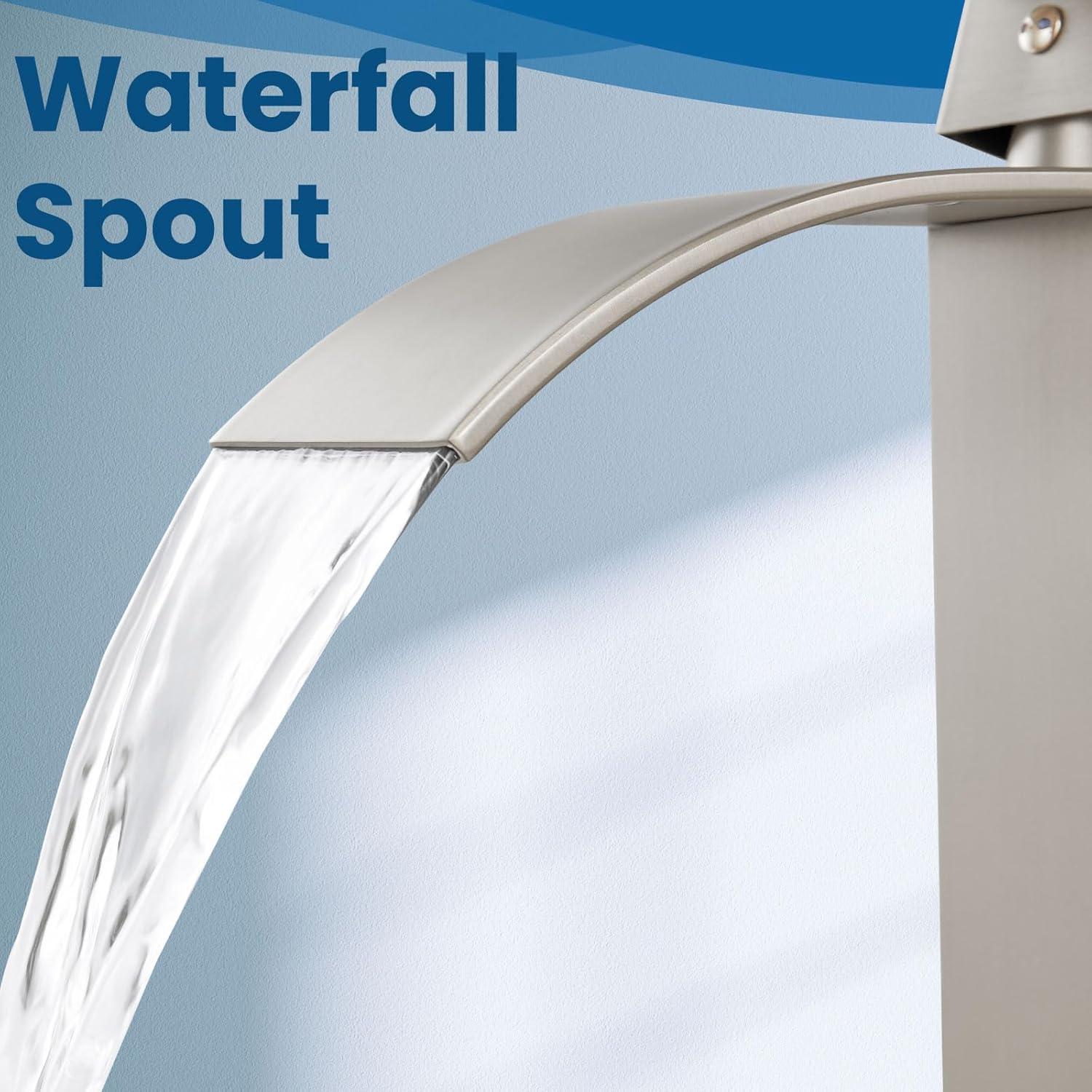 Waterfall Single Handle Bathroom Vanity Sink Faucet with Metal Pop-up Drain, Brushed Nickel Finish