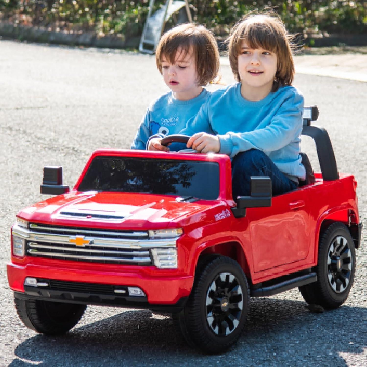 LUIBAS 24V Ride on Toy, 2 Seater Licensed Chevrolet Silverado HD with Remote Control, Battery Powered Kids Electric Ride on Truck for Boys Girls with Wear-Resistant EVA Tires, Music, Bluetooth, Red