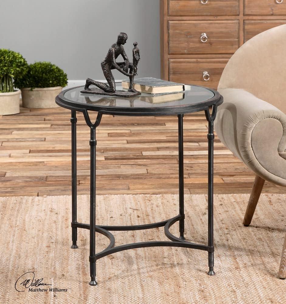 Equestrian-Inspired Aged Black Metal Round Side Table with Clear Glass Top