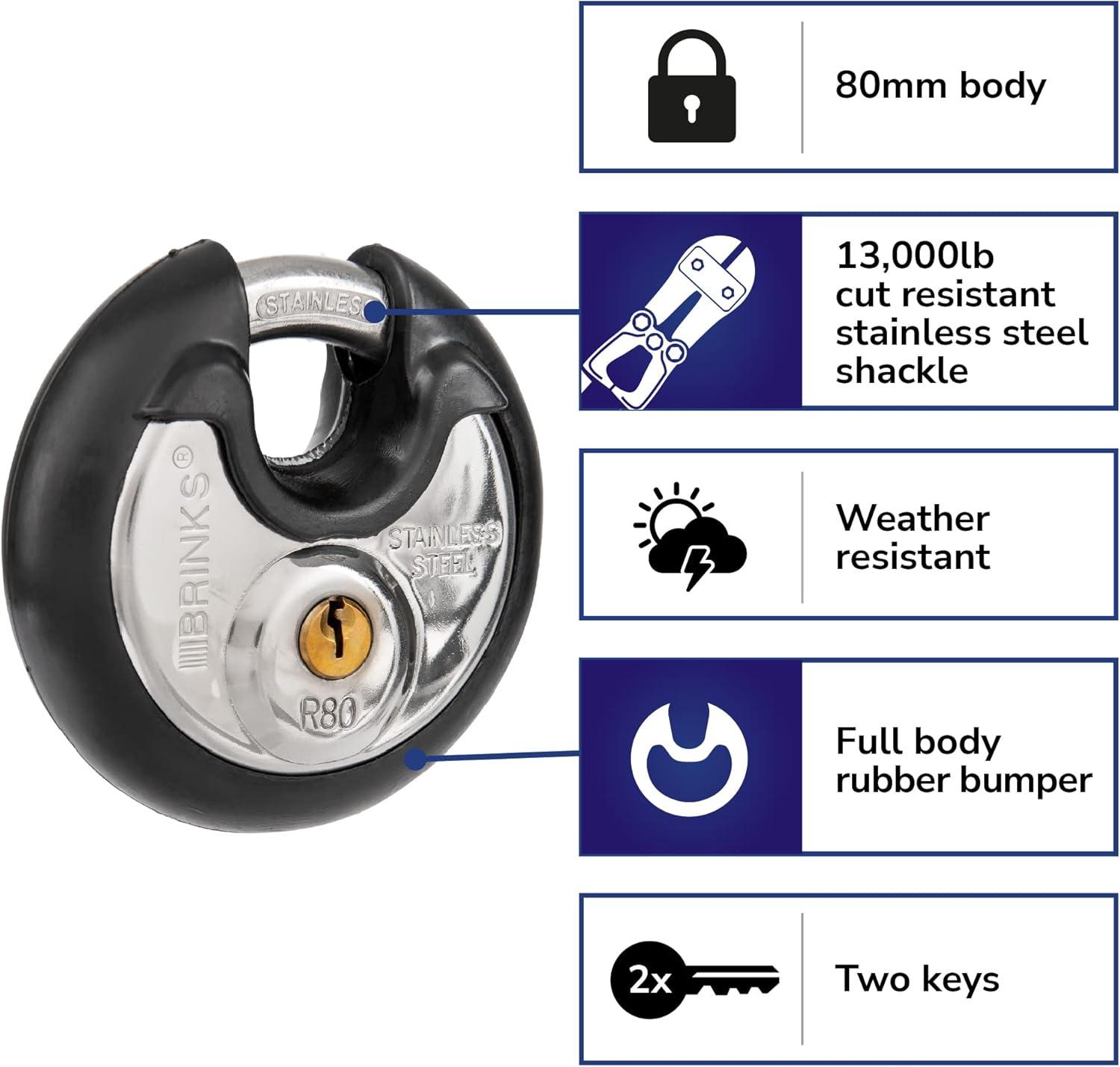 BRINKS - 80mm Commercial Stainless Steel Keyed Discus Padlock - Stainless Steel Body with Stainless Steel Shackle, Black C30