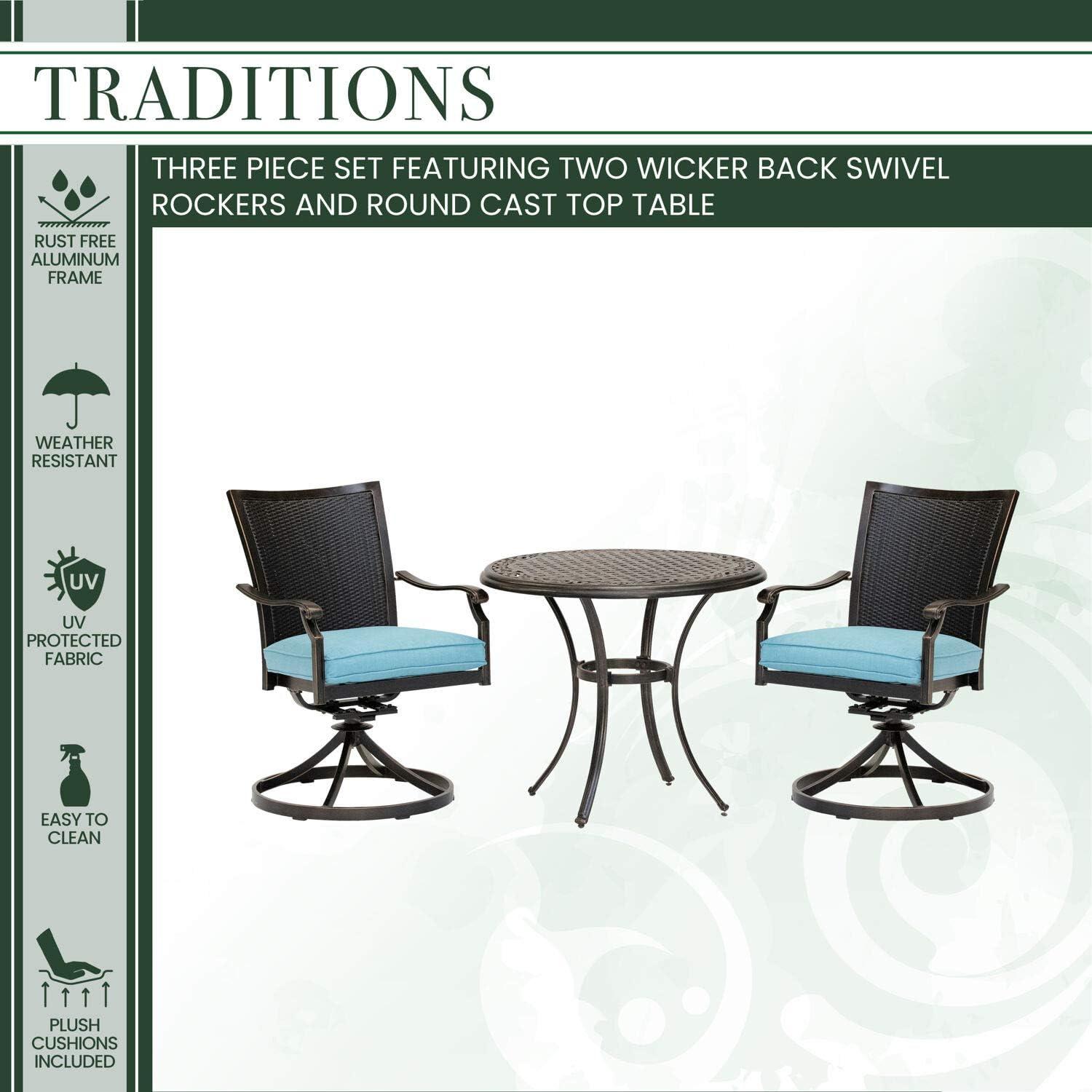 Hanover Traditions 3-Piece Outdoor Furniture Patio Bistro Set, 2 Cushioned Wicker Back Cast Aluminum Swivel Rocker Chairs and 32" Round Cast Table, Br