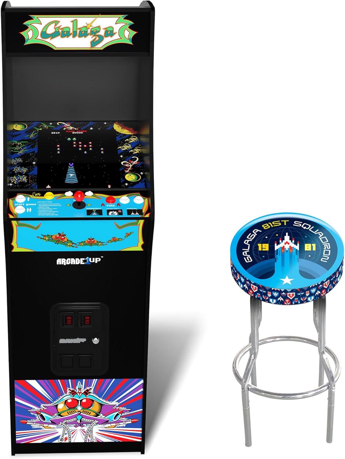 Arcade1Up Galaga Deluxe Arcade Machine with 14 Games Bundled with Adjustable Stool, Wi-Fi Leaderboards, 17" Monitor, Light Up Marquee, Black