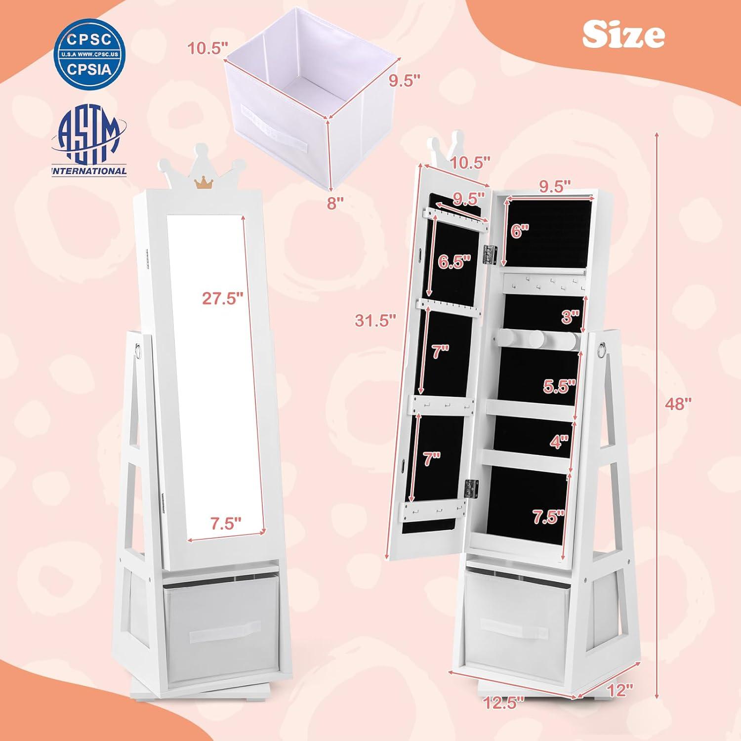Tangkula Kids Jewelry Cabinet with Full-Length Mirror Drawer 2 Adjustable Tilt Angles White