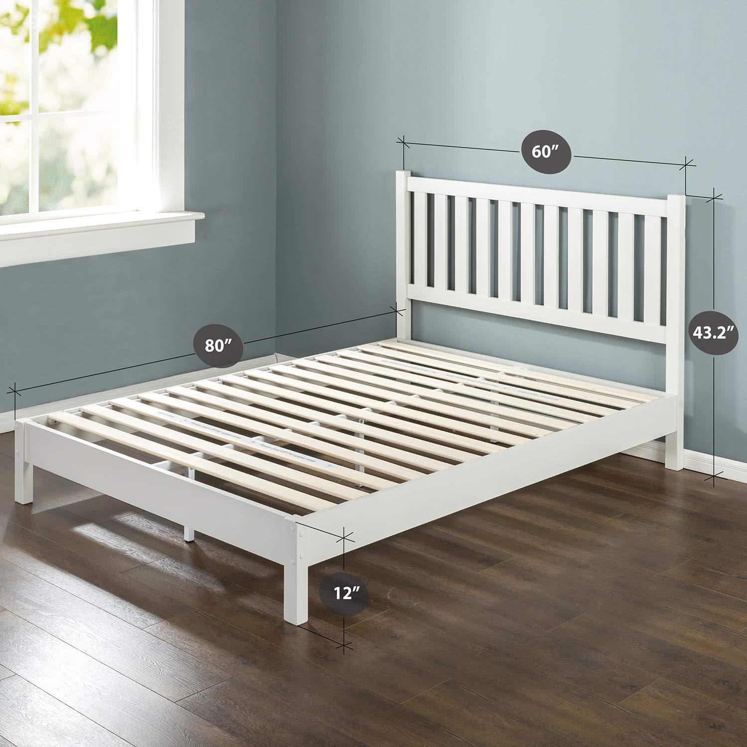 Queen Off-White Pine Wood Platform Bed with Slatted Headboard