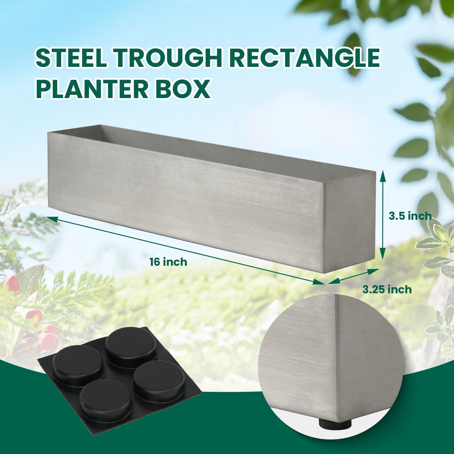 16" Window Box Rectangular Succulent Planting Box Metal Table Sill Planter Pots Modern Long Durable for Small Herb with Drainage Hole for Indoor Outdoor, with 4 Free Rubber Mats, White