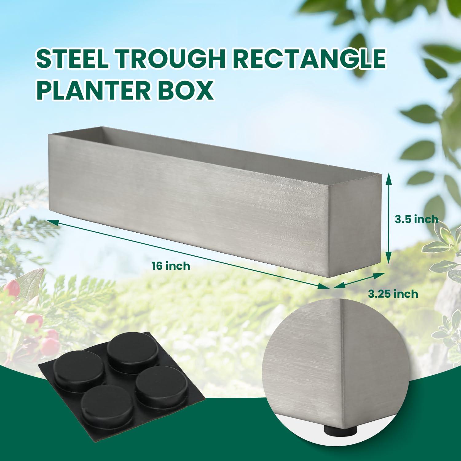 16" Window Box Rectangular Succulent Planting Box Metal Table Sill Planter Pots Modern Long Durable for Small Herb with Drainage Hole for Indoor Outdoor, with 4 Free Rubber Mats, White