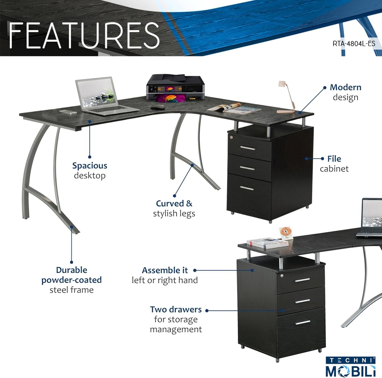 Modern L Shaped Computer Desk with File Cabinet and Storage Espresso Brown - Techni Mobili