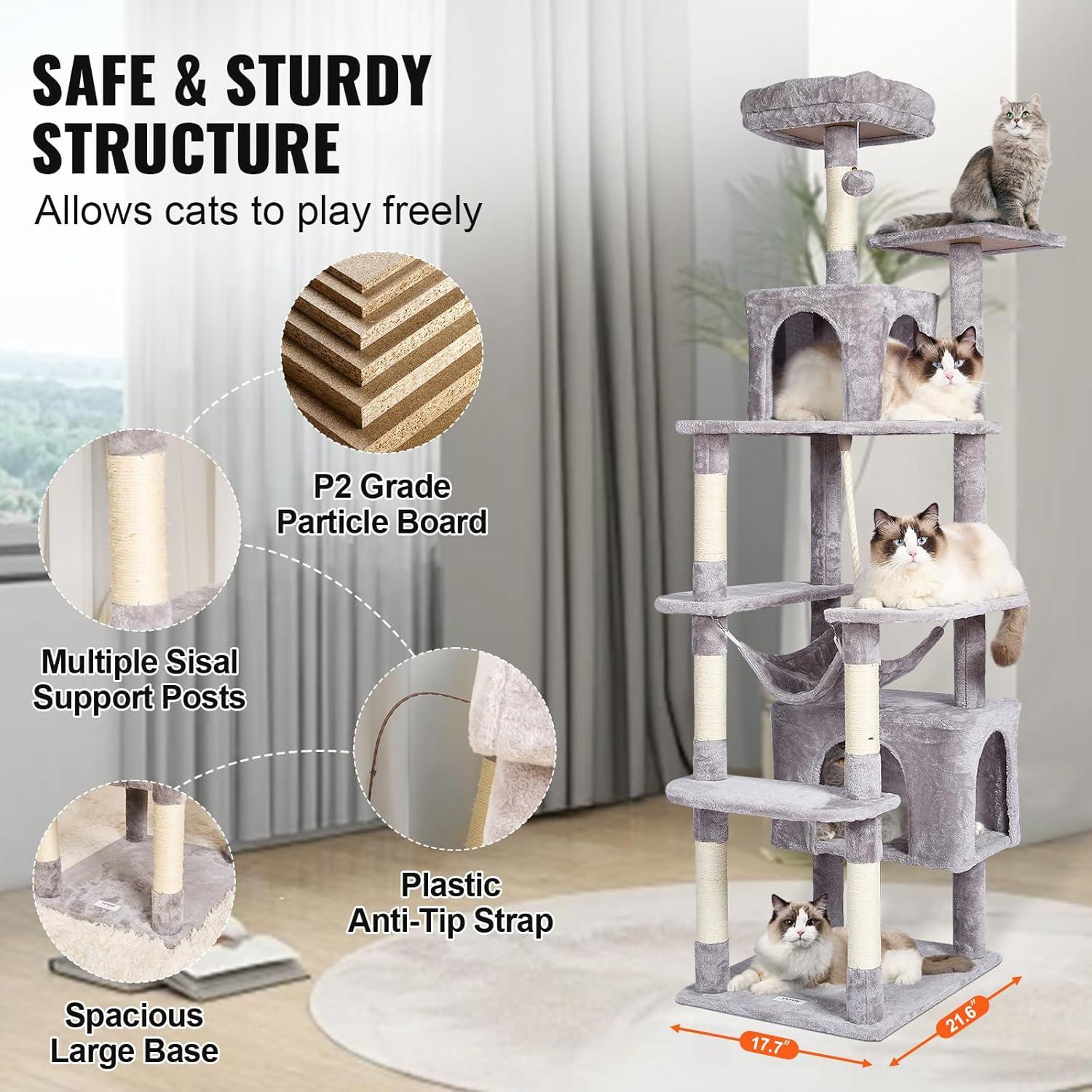 Light Grey 72" Cat Tower with Sisal Scratching Posts and Condos