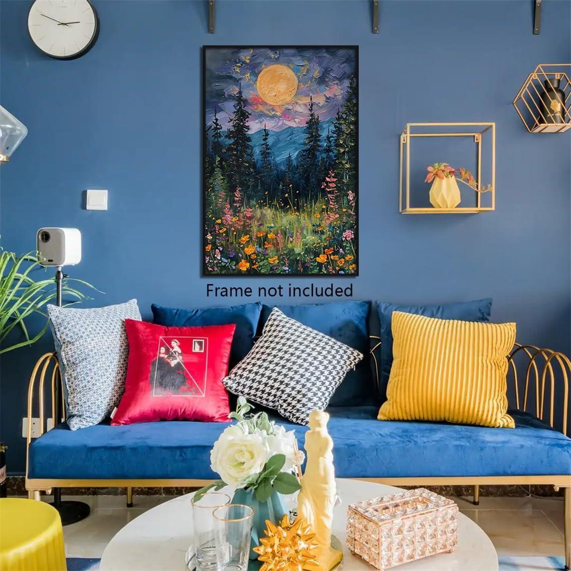 SYDposter Vintage Full Moon Above The Wildflowers Canvas Wall Art, Mystical Midnight Woodland Art Print Poster, Retro Flowers and Trees Nature Oil Painting, Dark Forest Landscape 12x16in Unframed